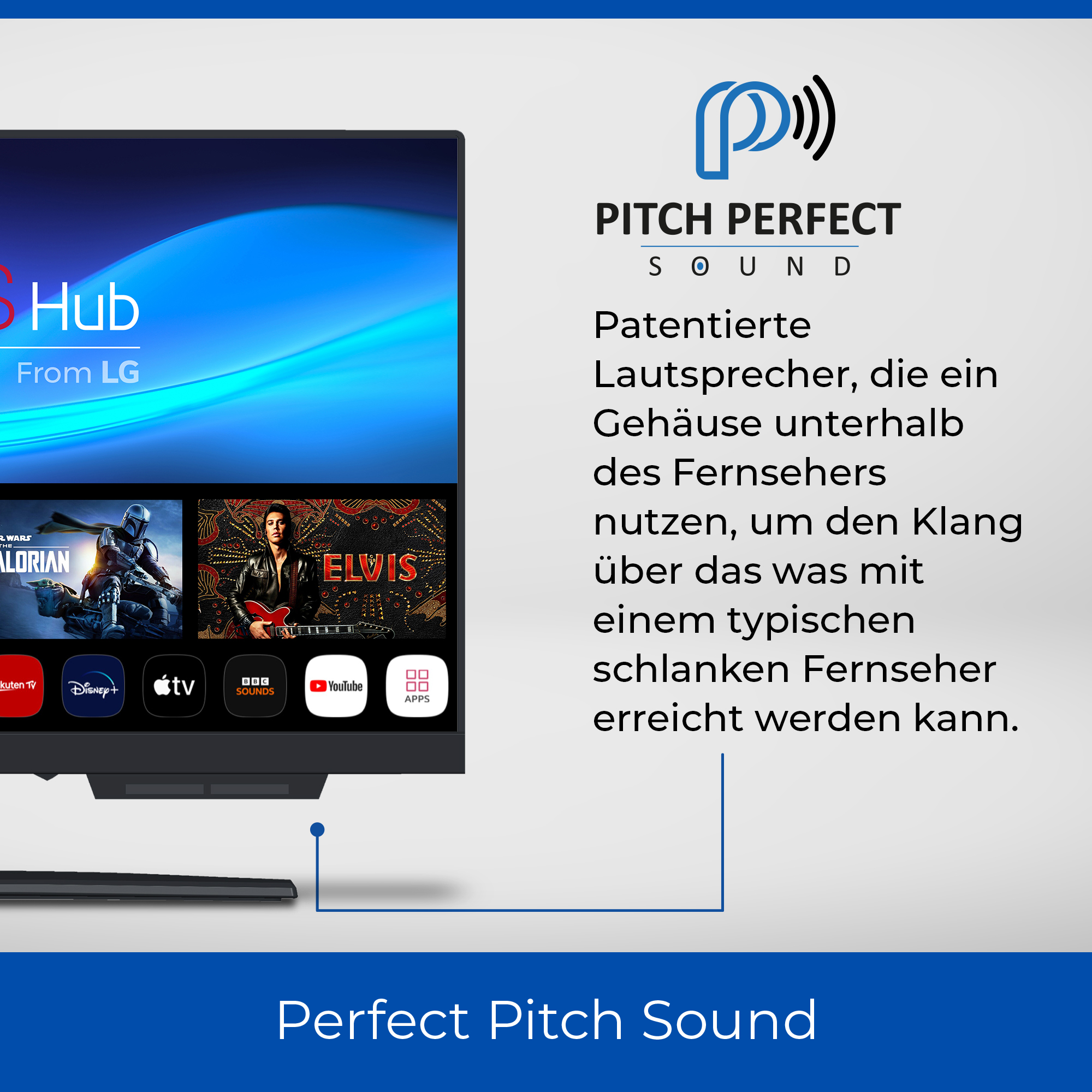 Uno schermo TV mostra i servizi di streaming. Il testo dice 'Pitch Perfect Sound'.