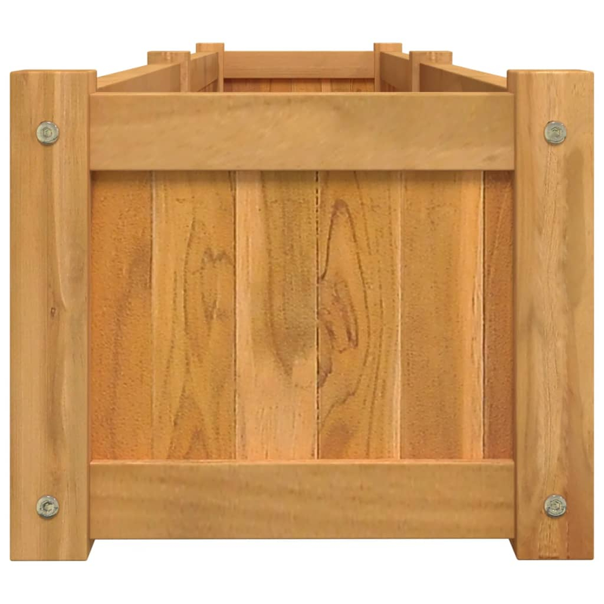 Holzkasten, hellbraun, mit vertikalen Brettern. Zwei Bolzen auf jeder Seite.