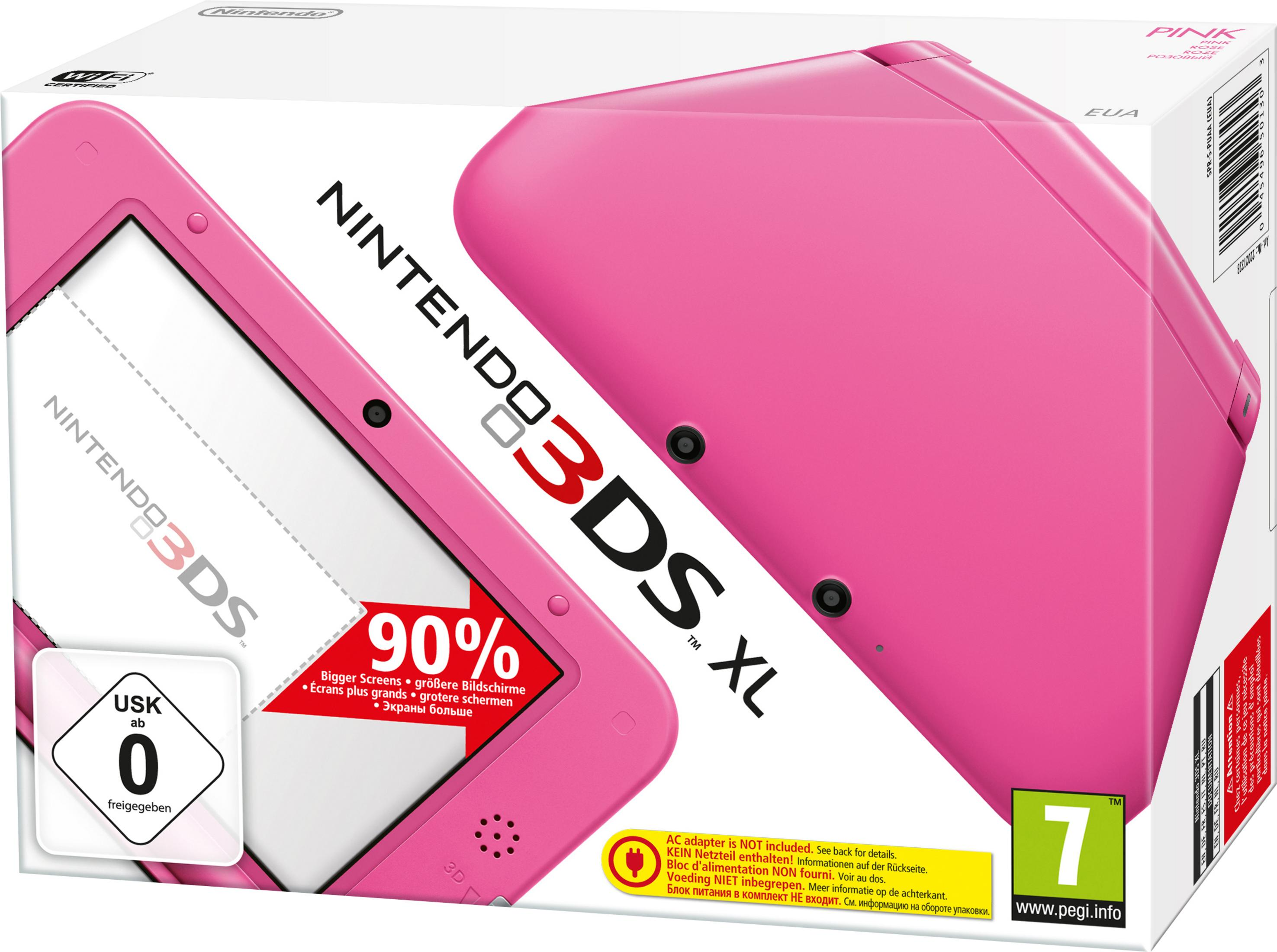 Eine pinke Nintendo 3DS XL Spielkonsolenbox mit sichtbarer Konsole.