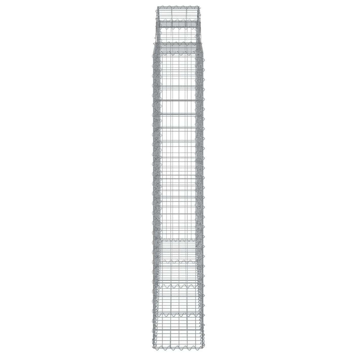 Ein hoher, rechteckiger Gabion. Es besteht aus Drahtgeflecht und ist leer.