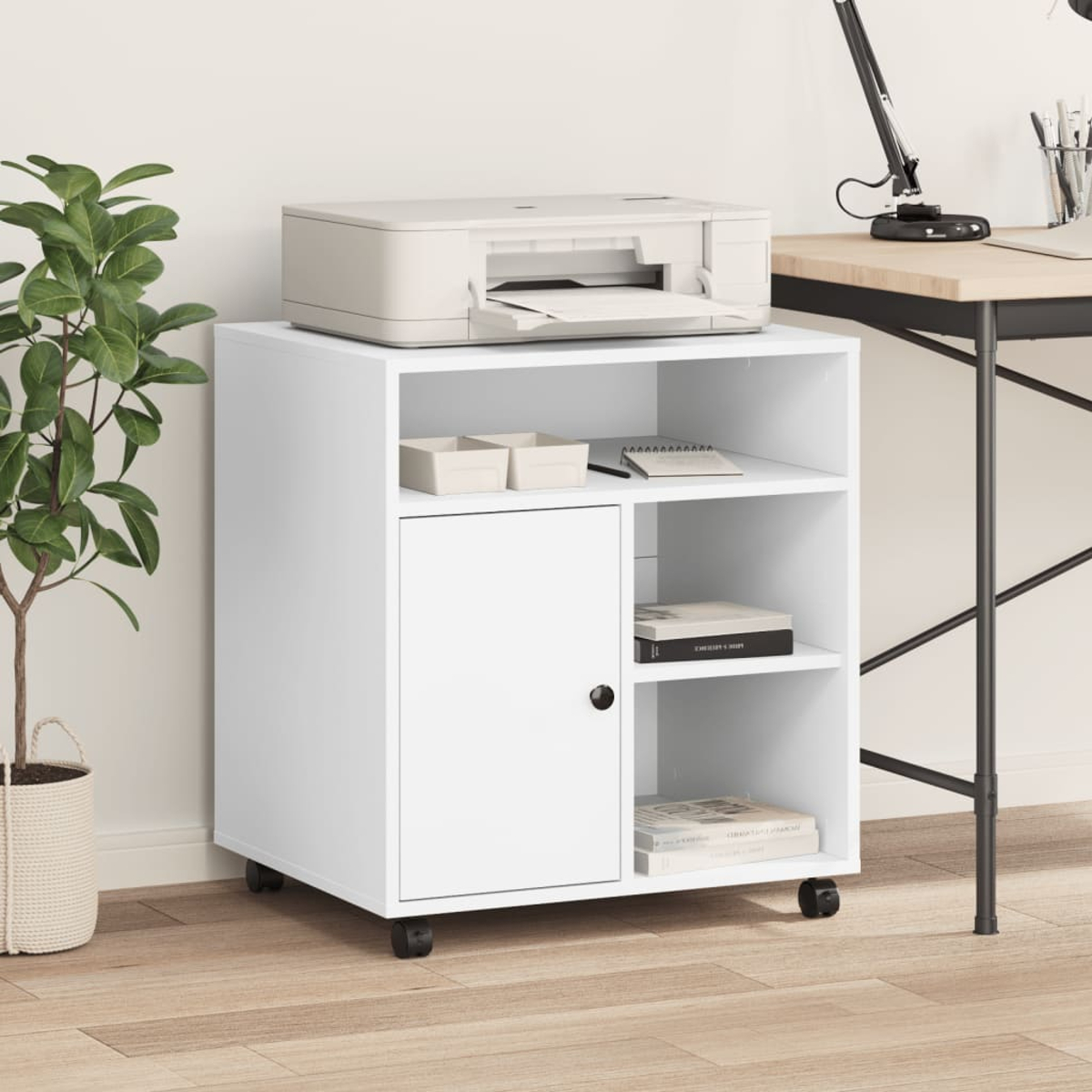 Weißer Schrank mit Drucker, offenem Regal, Tür und Rollen.
