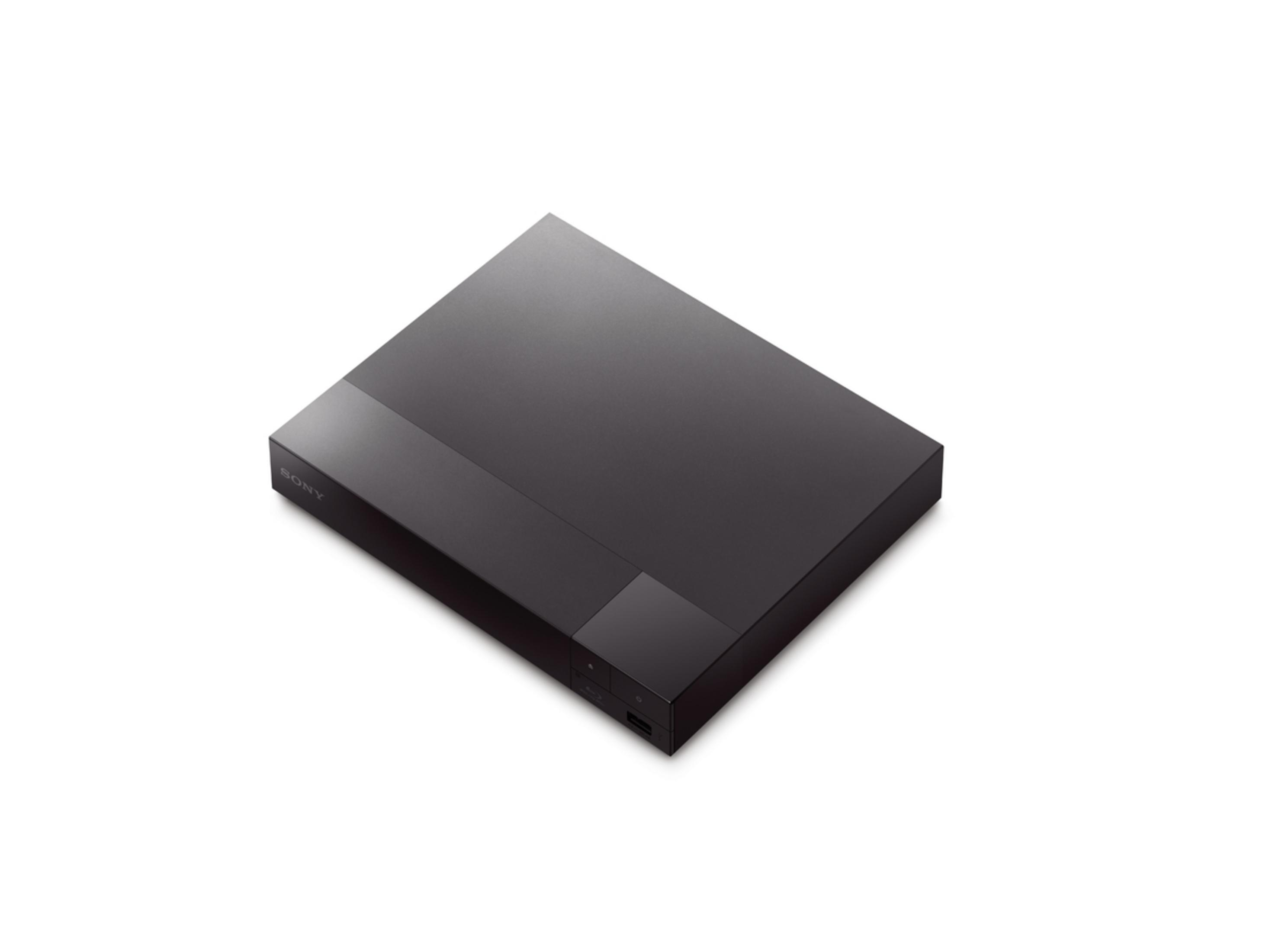 Lettore Blu-ray nero con design elegante, vista dall'alto e laterale.