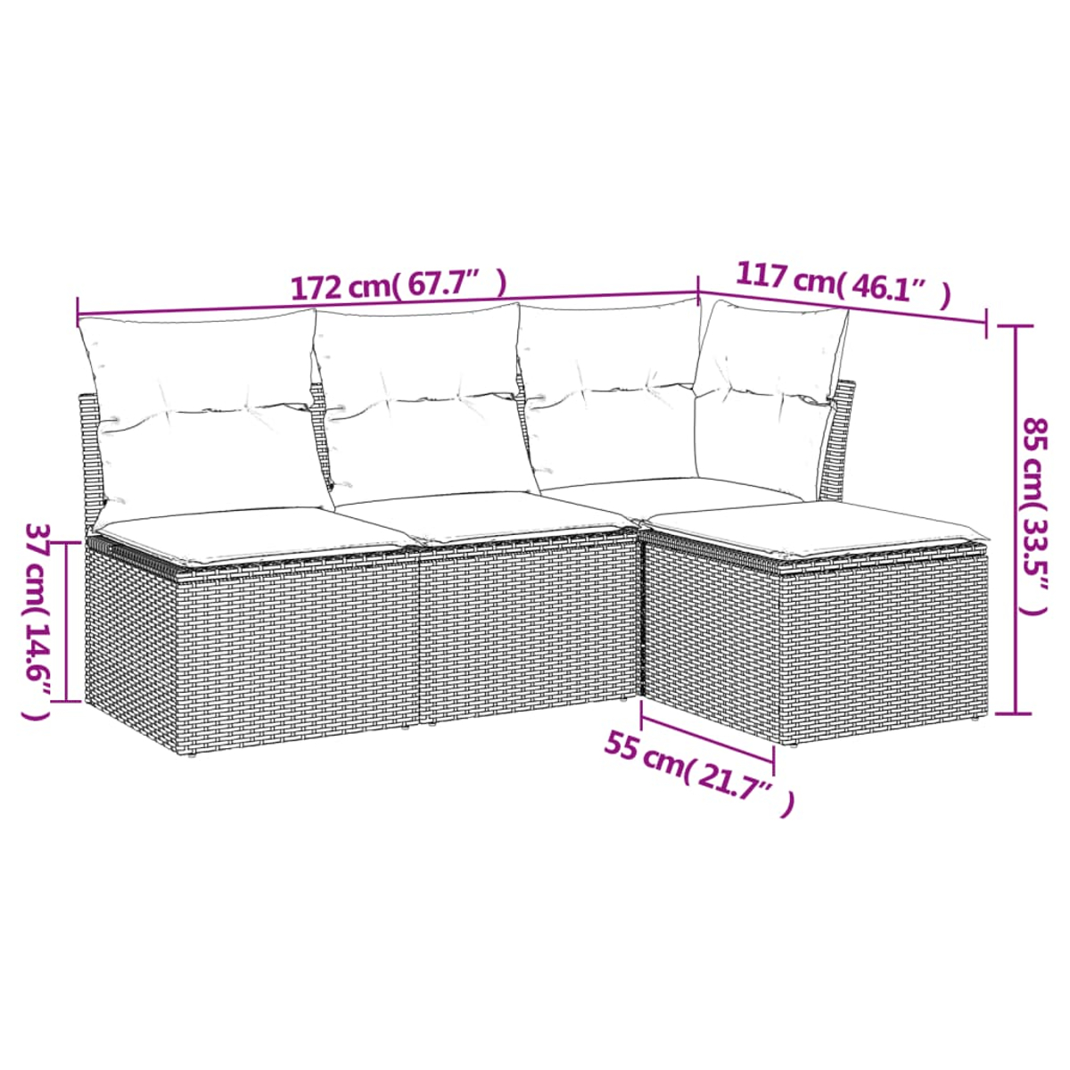 Divano in vimini con dimensioni, tra cui un componibile e un pouf.