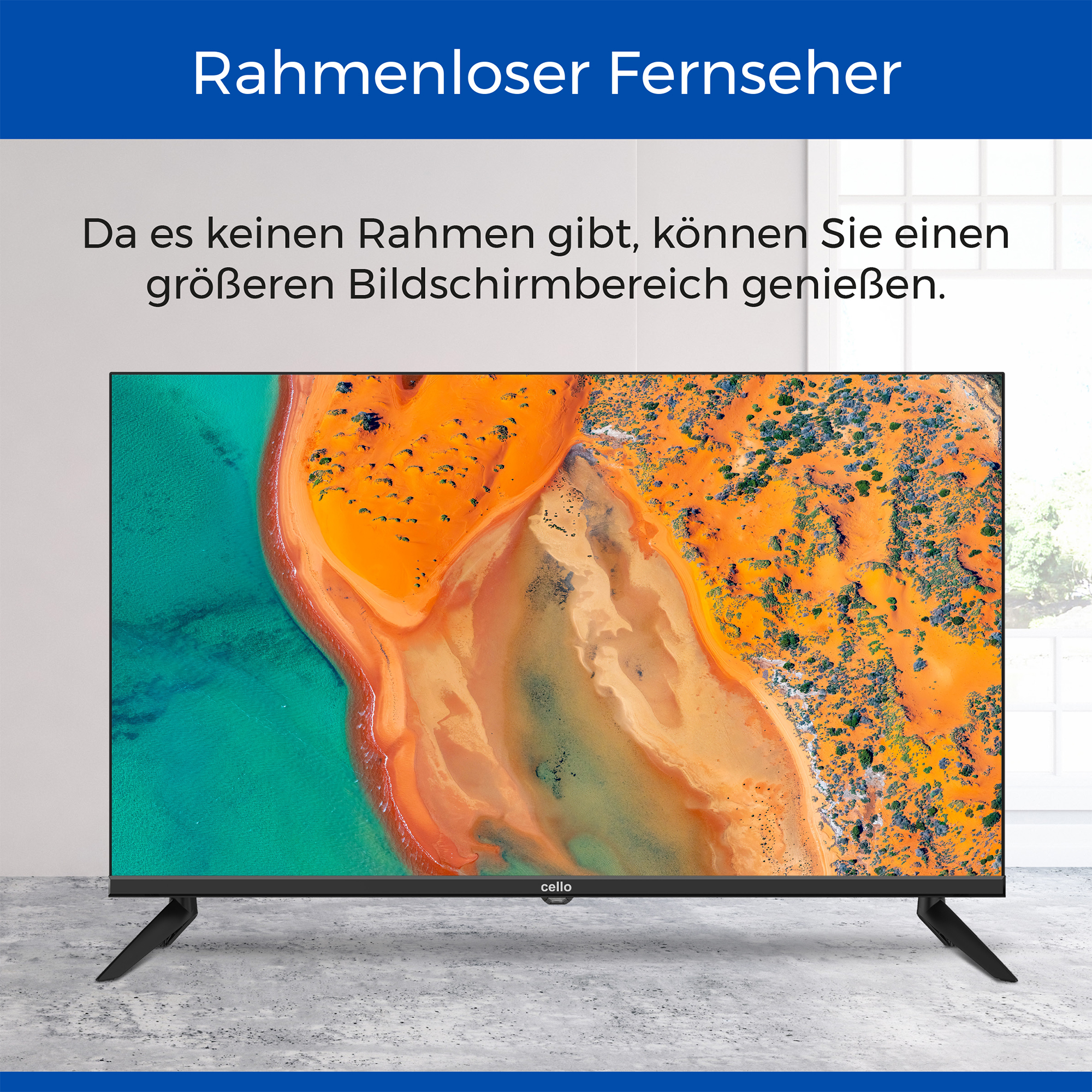 Ein schwarzer Rahmen-Fernseher mit farbenfroher Anzeige. Der Text 'Rahmenloser Fernseher' steht darüber.