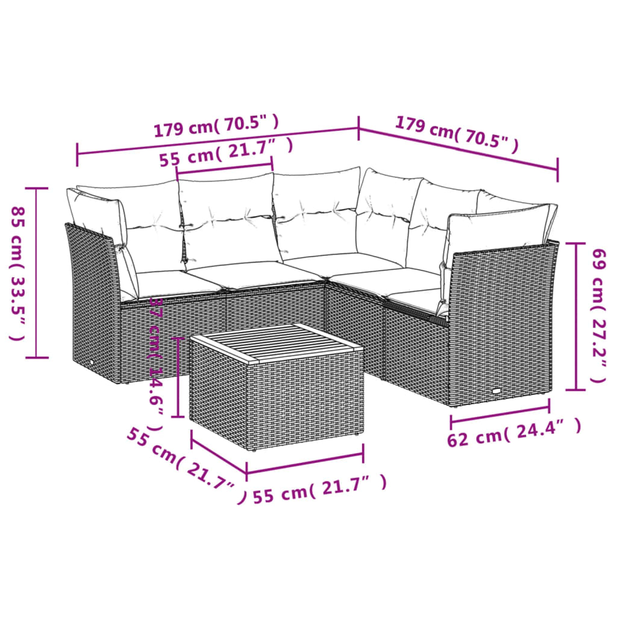 Graues Outdoor-Ecksofa aus Korbgeflecht mit passendem Couchtisch, Maße in Weiß gekennzeichnet.