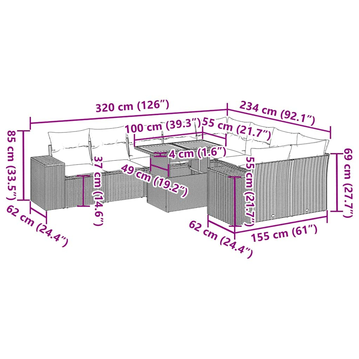 Gartenmöbel-Set mit Maßangaben. Es umfasst Sofas und einen Tisch auf einer Terrasse.