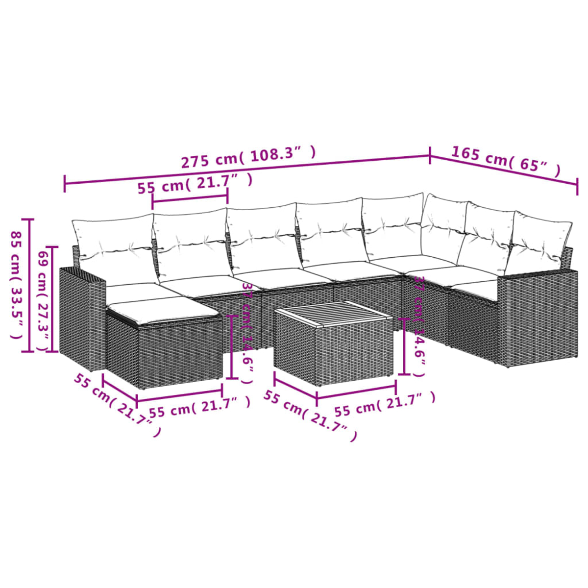 Geflochtenes Outdoor-Sofaset. Mehrere Abschnitte mit Kissen und einem Couchtisch. Abmessungen sichtbar.