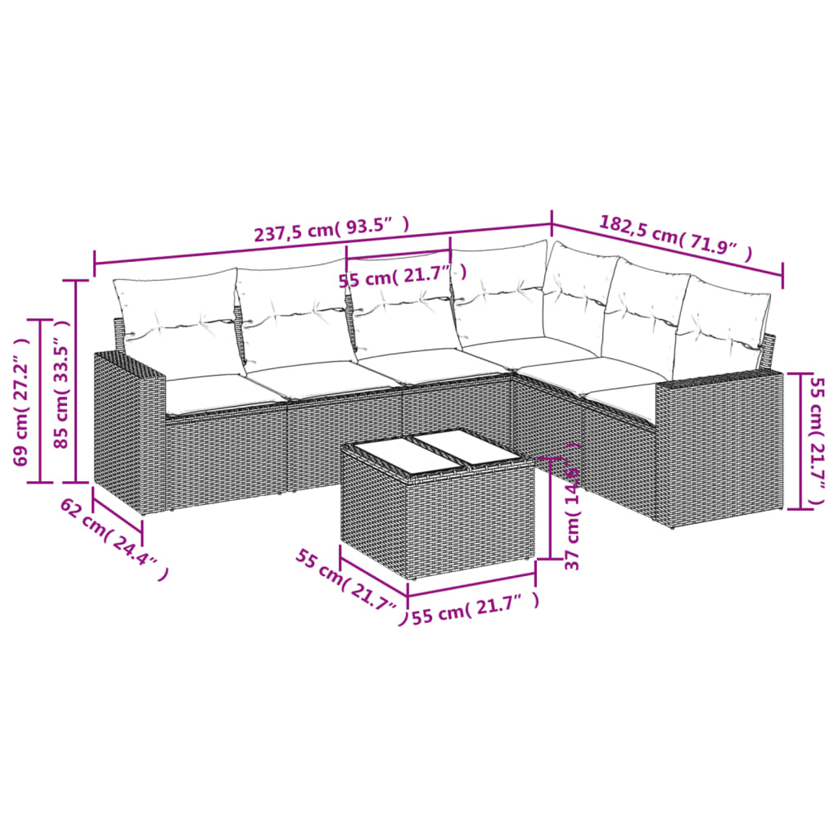 L-förmiges Korbsessel-Set mit Maßen. Enthält Sofa und Couchtisch.