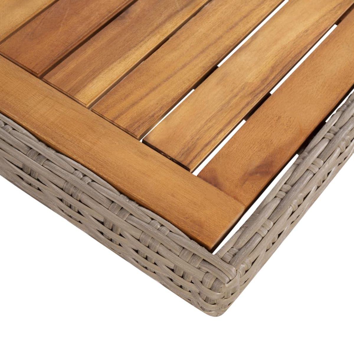 Nahaufnahme einer Tischkante. Holzplatte mit grauen Korbflechträndern. Perspektivische Ansicht.