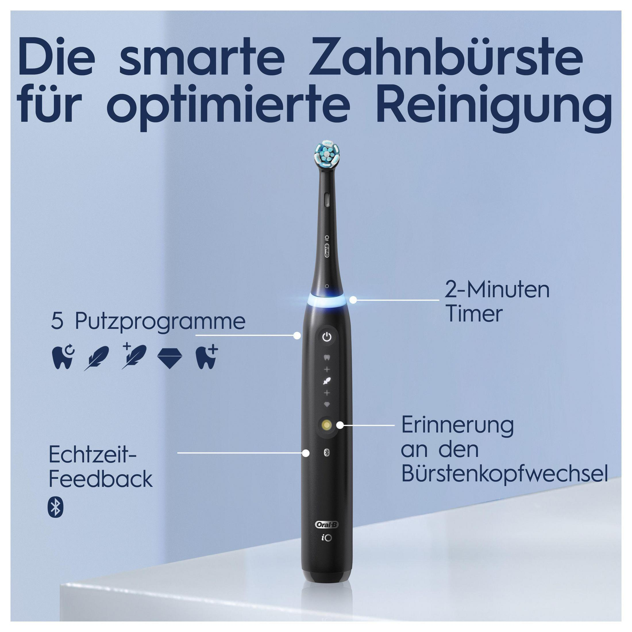 Eine schwarze elektrische Zahnbürste mit Details, Text auf Deutsch. Weißer Hintergrund.