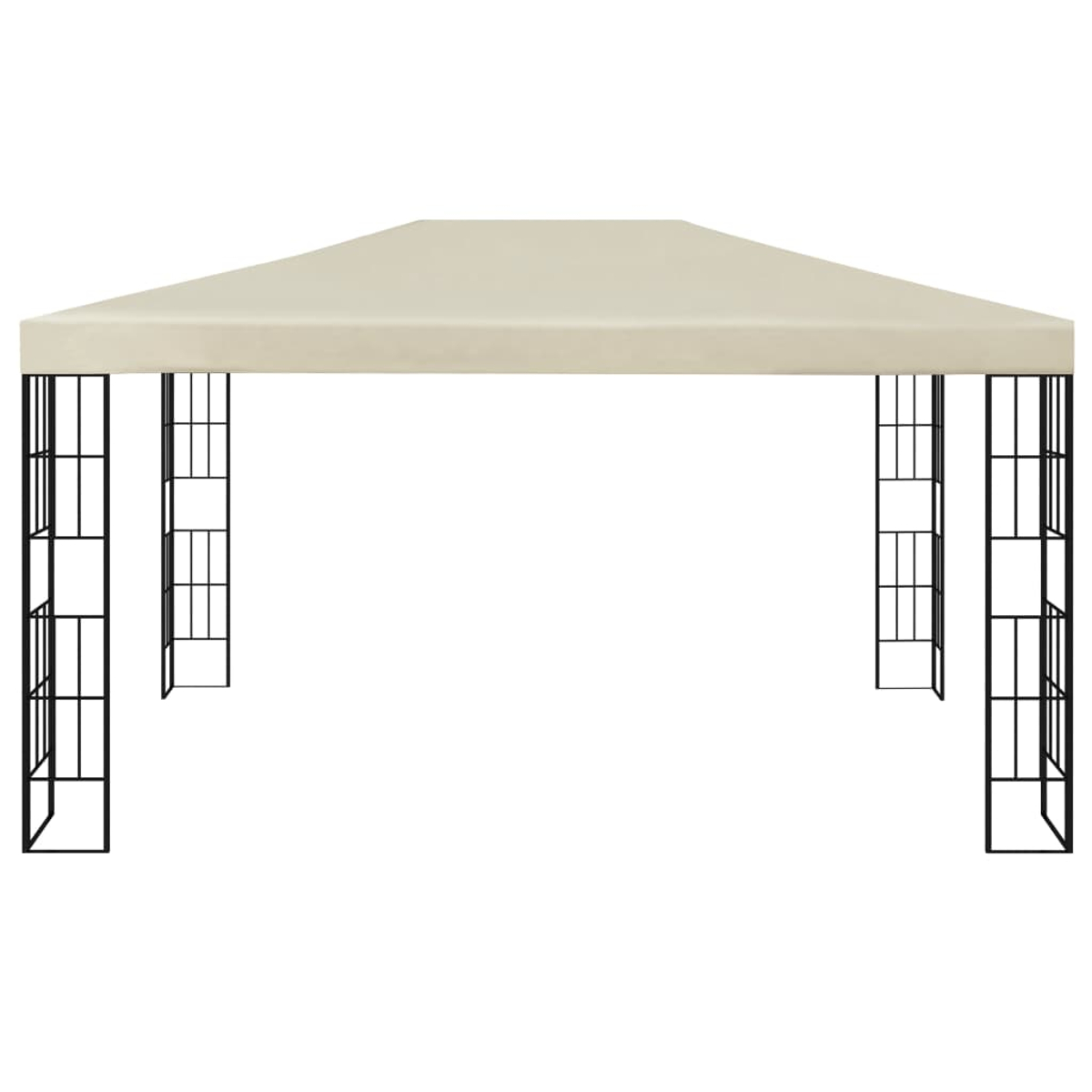 Beiger Pavillon mit schwarzem Rahmen. Rechteckige Oberseite, offene Seiten, weißer Hintergrund.