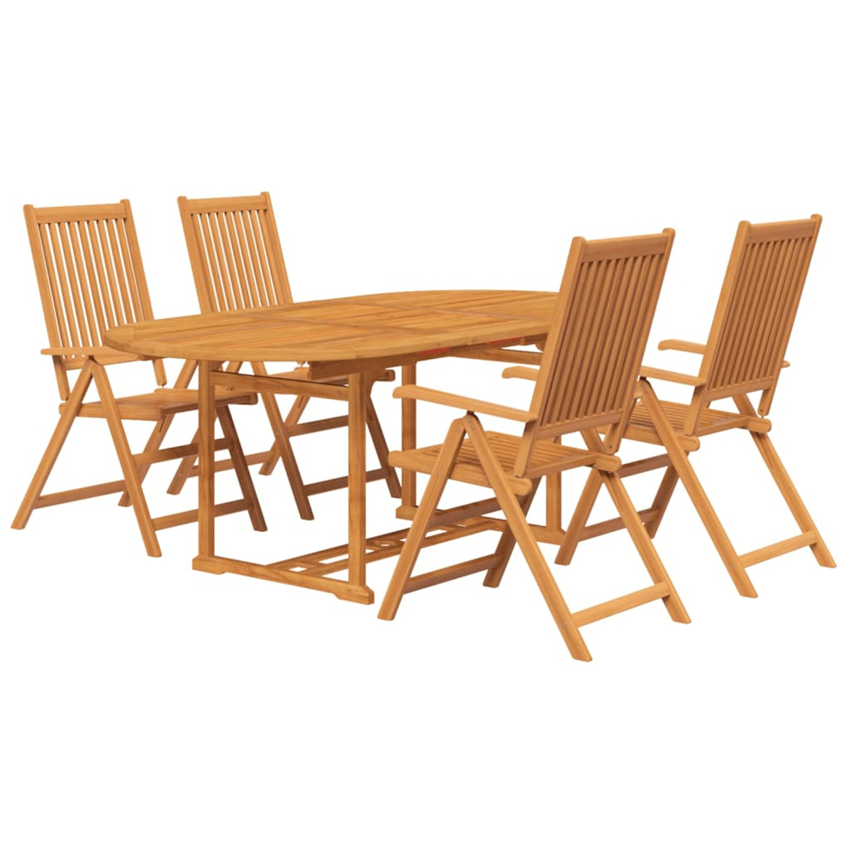Holztisch und vier Klappstühle. Die Stühle und der Tisch sind aus hellbraunem Holz gefertigt.