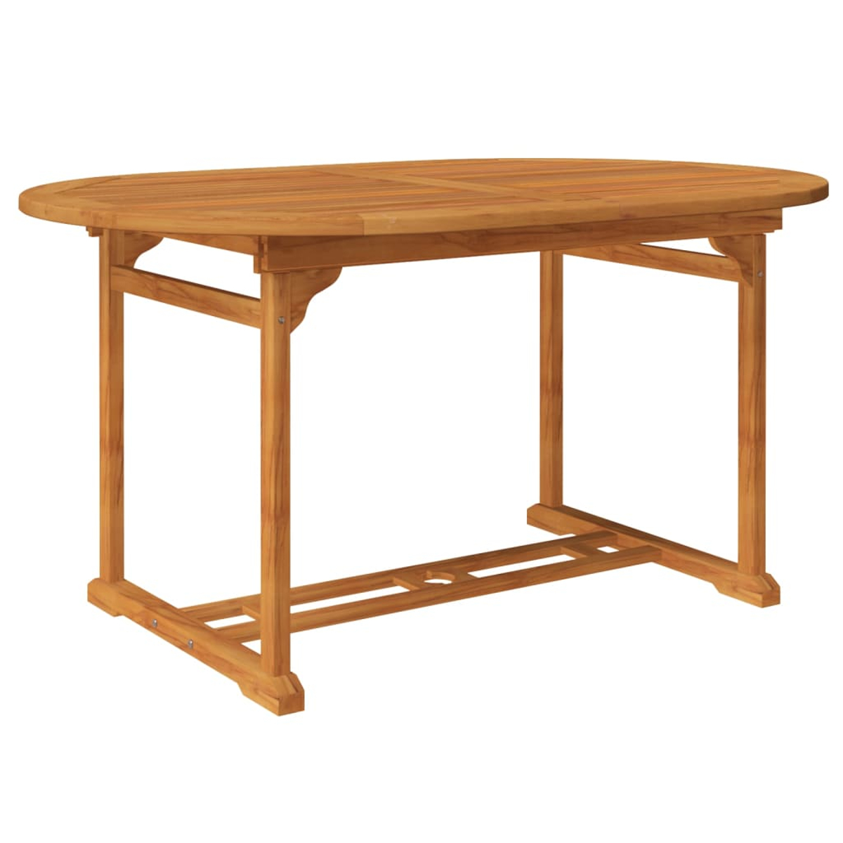 Ovaler Holztisch. Der Tisch hat vier Beine und ist aus braunem Holz gefertigt. Er steht vor weißem Hintergrund.