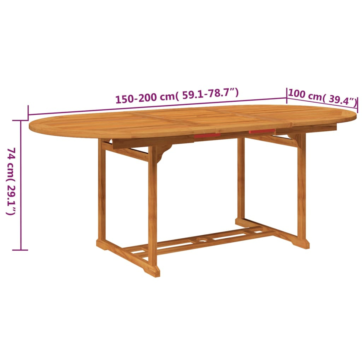 Ausziehbarer ovaler Holztisch. Der Tisch ist braun und die Abmessungen sind auf dem Bild sichtbar.