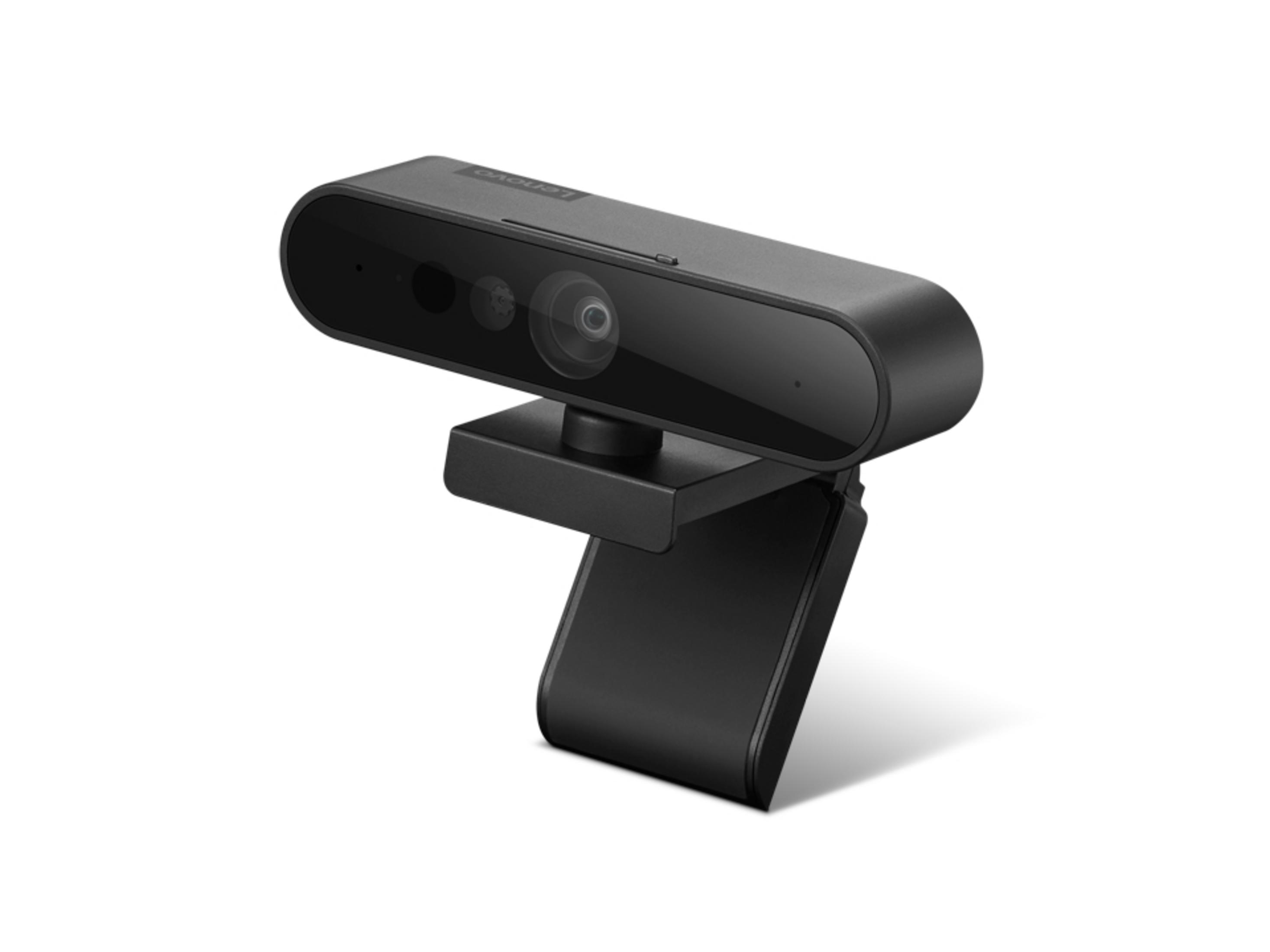 Zwarte Lenovo webcam op een witte achtergrond. De camera is schuin en heeft een strak ontwerp.
