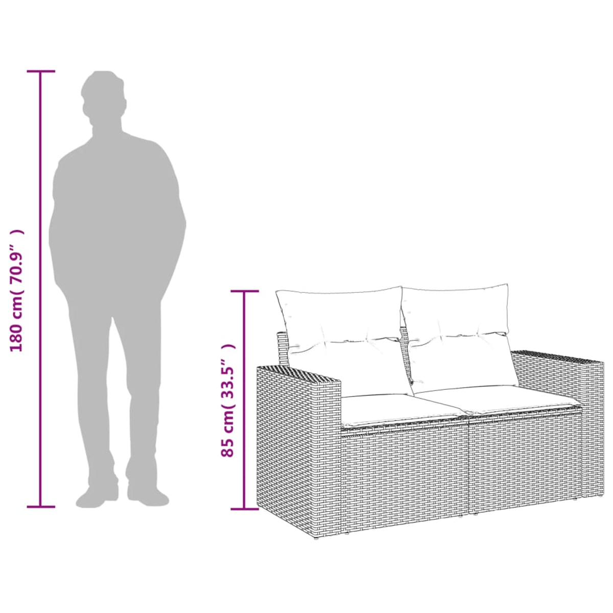 Eine Person steht neben einem Rattansofa, mit beschrifteten Abmessungen. Das Sofa hat zwei Kissen.