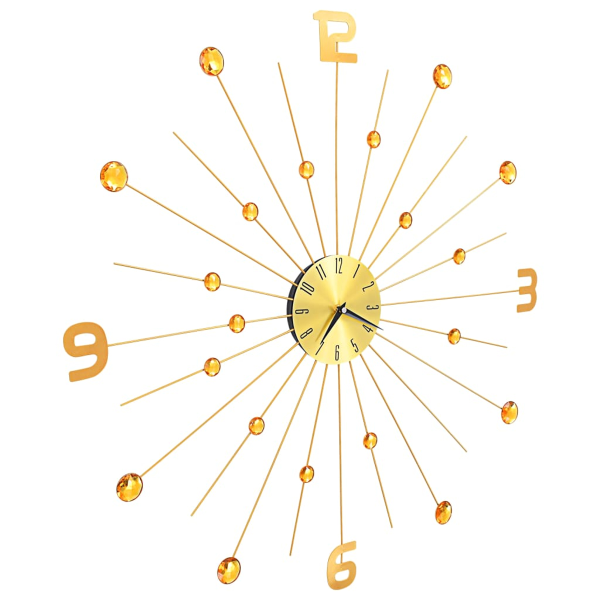 Goldene Wanduhr mit radialem Design und orangefarbenen Kristallakzenten.