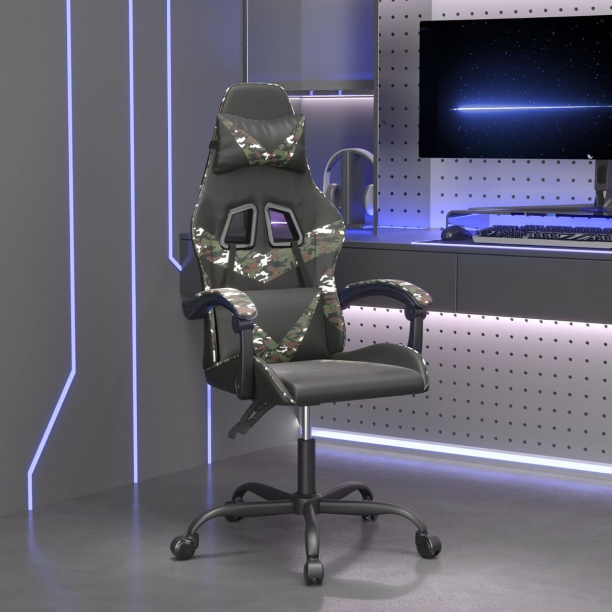 Schwarzer Gaming-Stuhl mit Camouflage-Akzenten in einem neonbeleuchteten Raum.