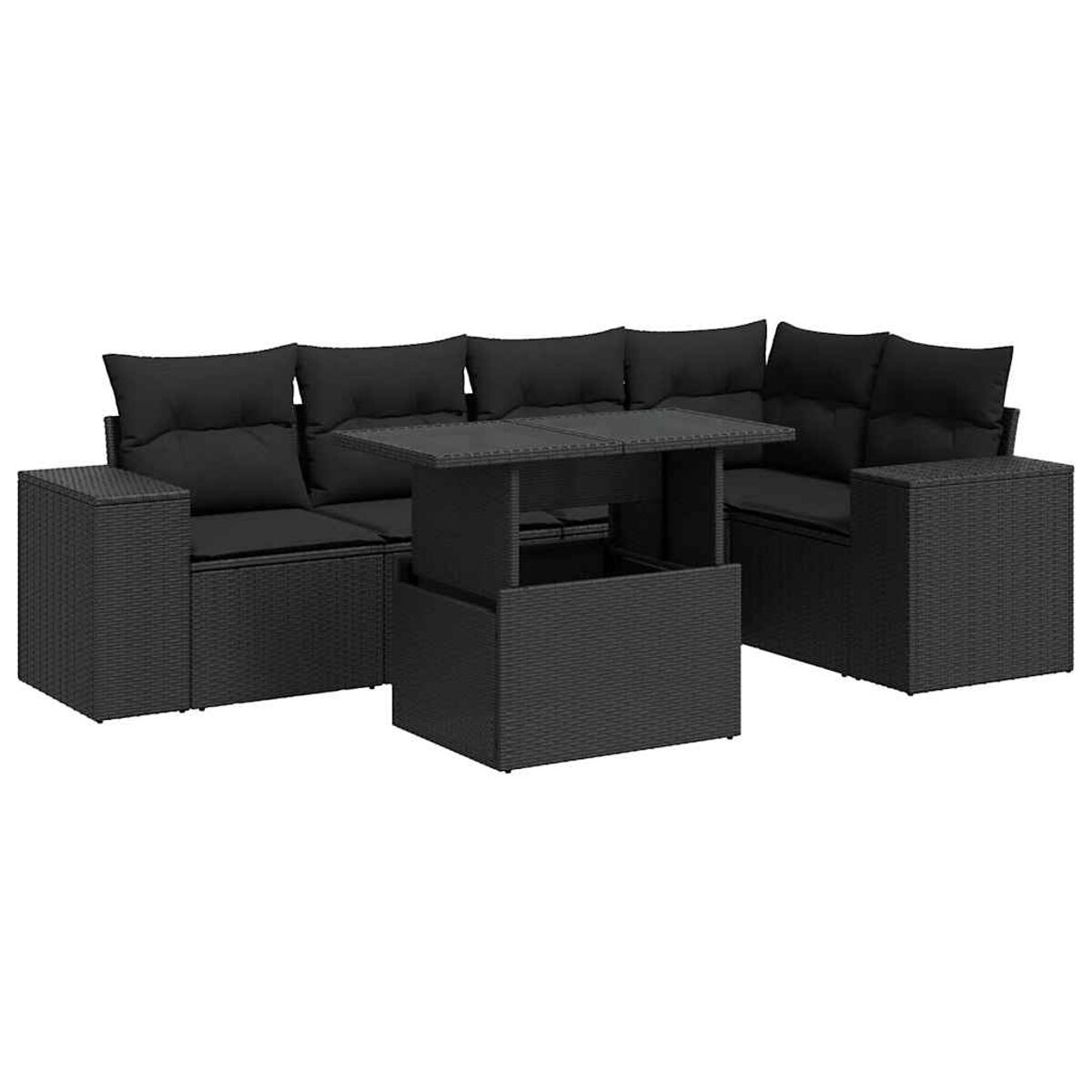 Un set di mobili da esterno componibili in rattan nero intrecciato con un tavolo. Sfondo bianco.