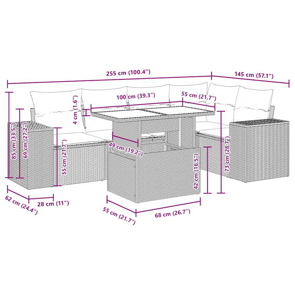 Un diagramma dettagliato di un set di divani in rattan, con dimensioni etichettate in centimetri e pollici.