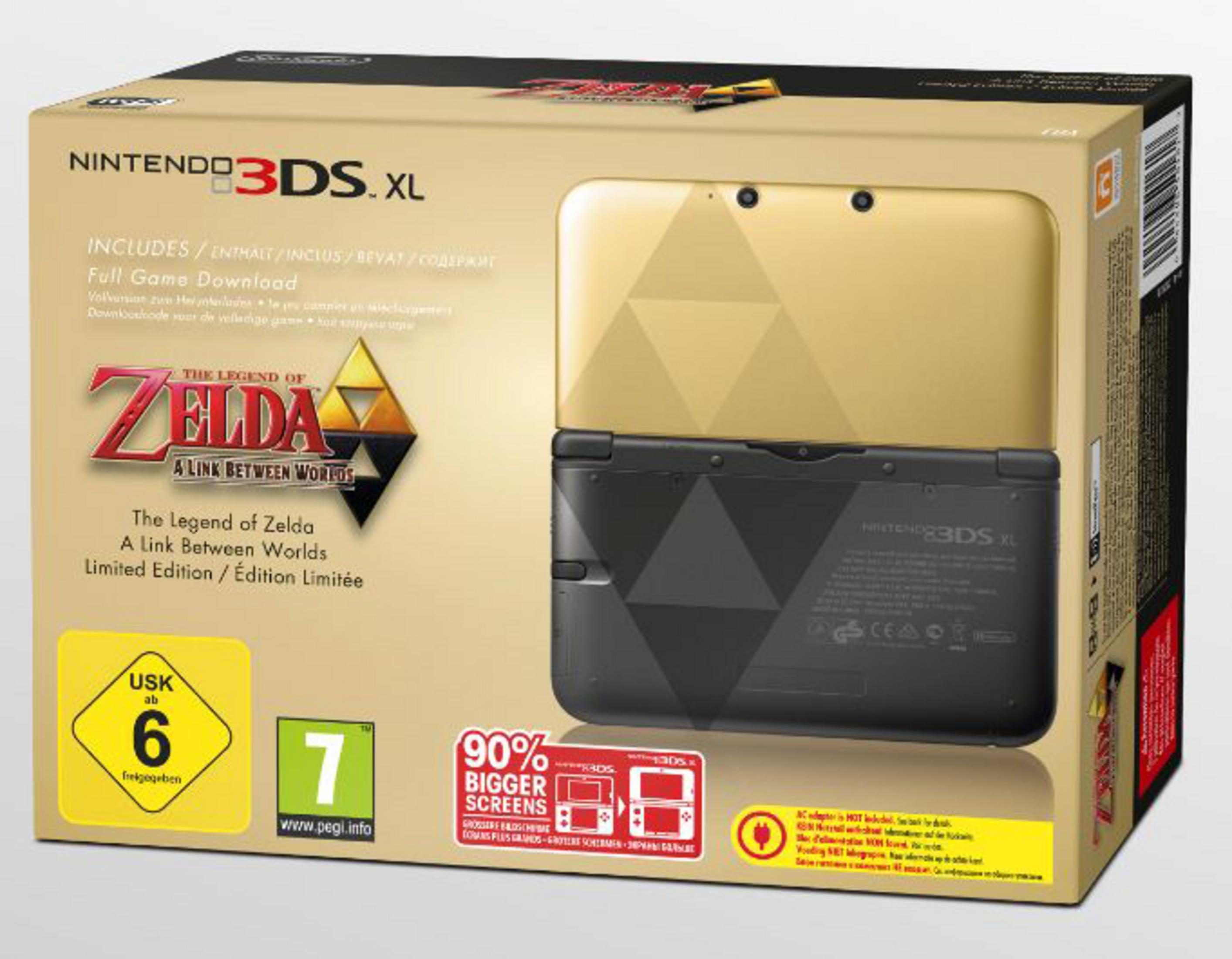 Eine Nintendo 3DS XL-Box mit dem Spiel 'The Legend of Zelda: A Link Between Worlds'.