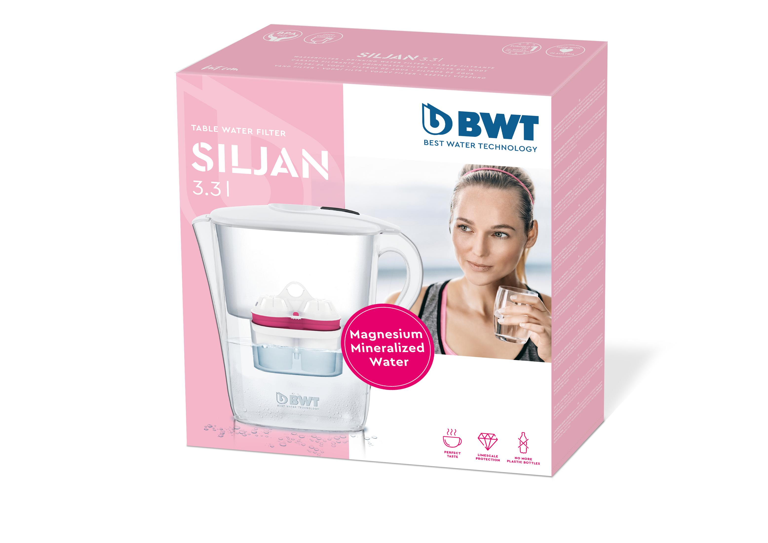 Eine Wasserfilterbox mit Krug, dem Gesicht einer Frau und Produktdetails.