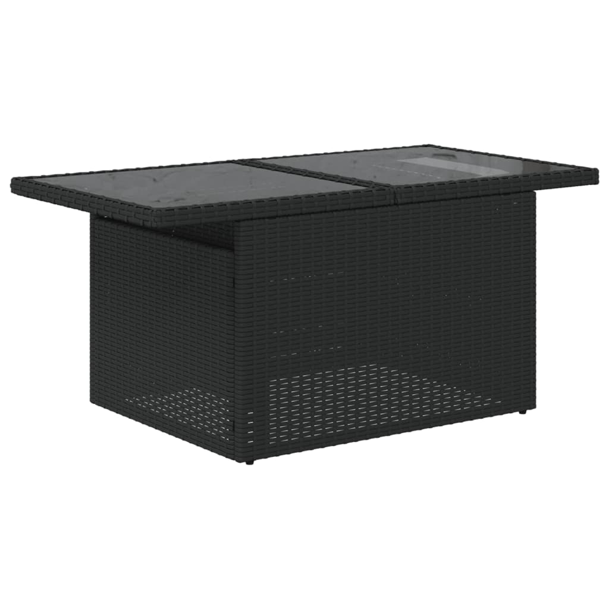 Schwarzer Outdoor-Tisch mit Korbflechtmuster, die Oberseite ist aus Glas. Rechteckige Form.