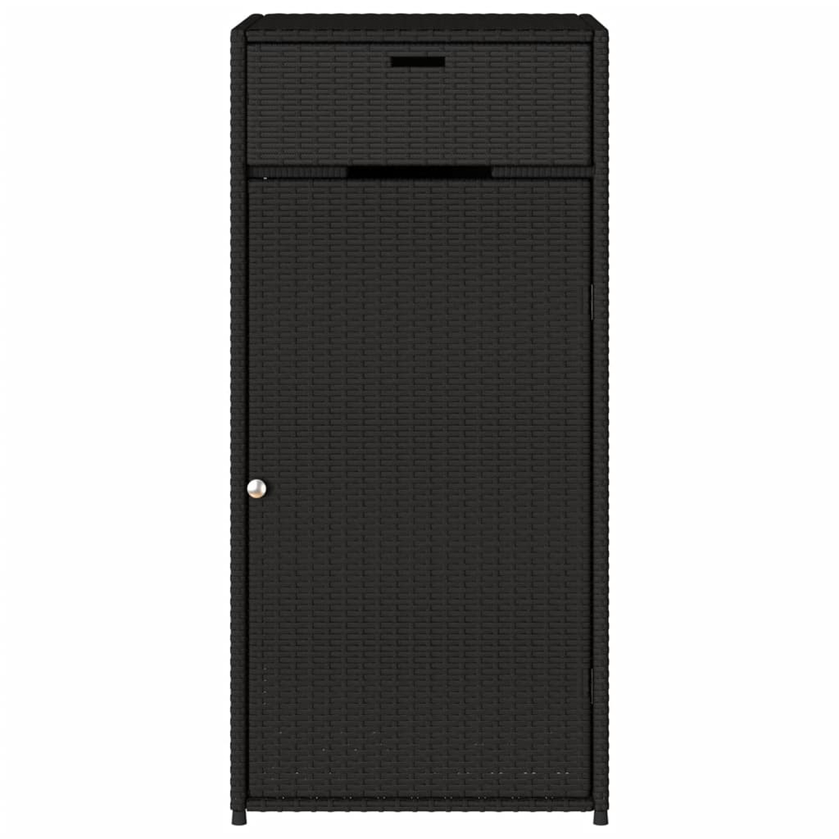 Schwarzer Outdoor-Stauraumschrank mit Schublade, Tür und strukturierter Oberfläche.