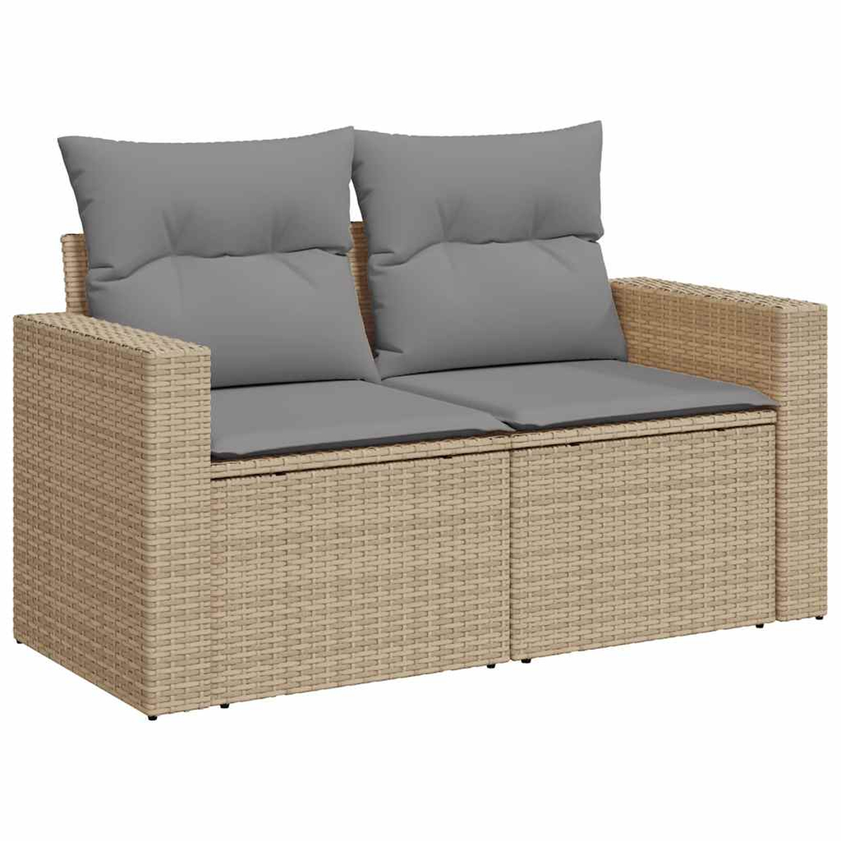 Beiges Outdoor-Korbmöbelsofa mit grauen Kissen. Es hat zwei Sitzbereiche.