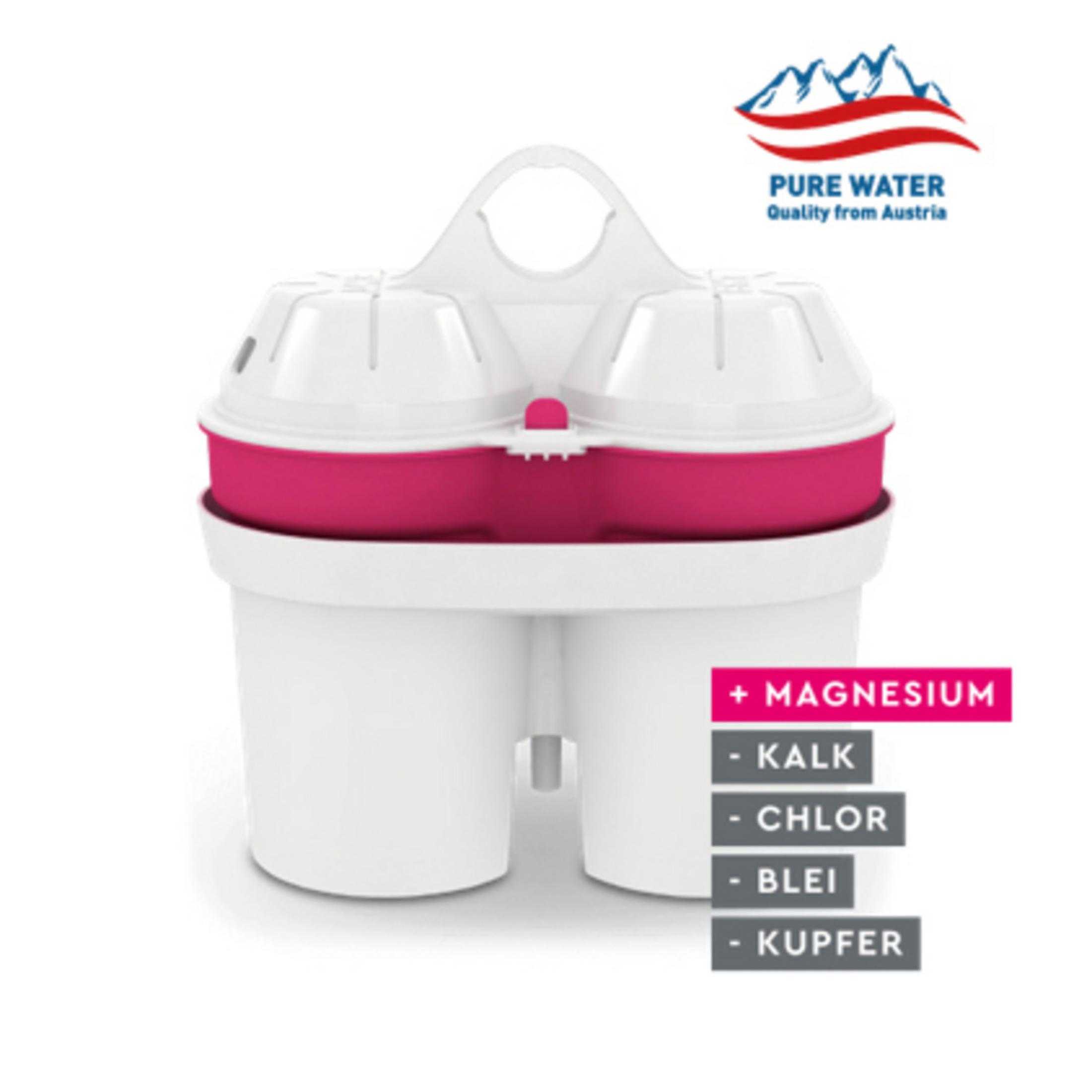 Biały i różowy filtr wody z tekstem, pokazujący korzyści magnezu i innych pierwiastków.