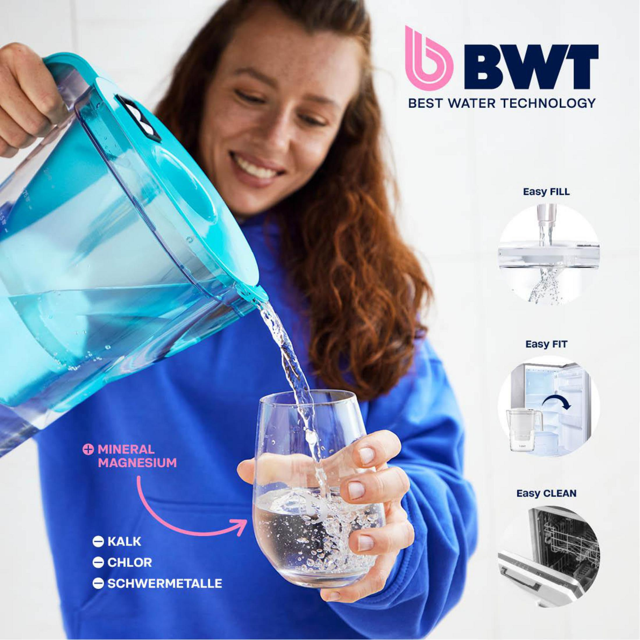 Woman pouring water into a glass from a BWT water filter jug. The jug and glass are clear.