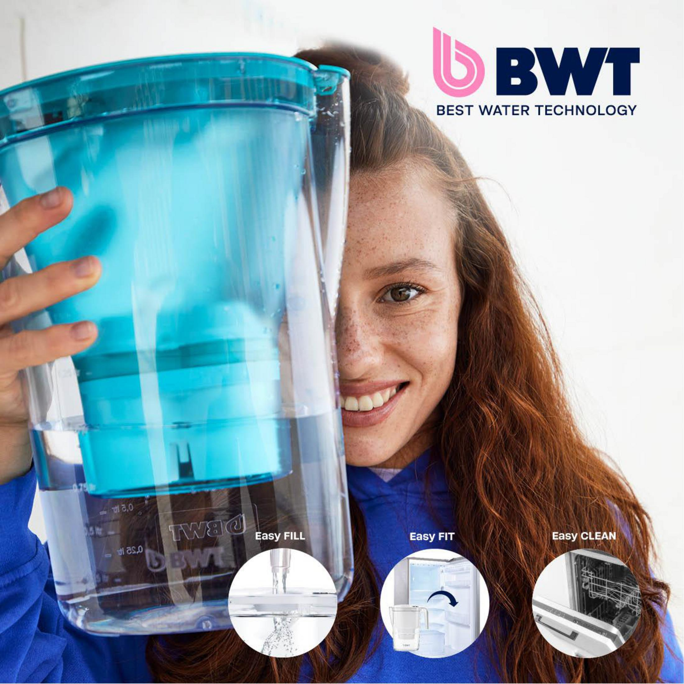 Woman holding a blue water filter pitcher. Images show easy fill, fit, and clean features.