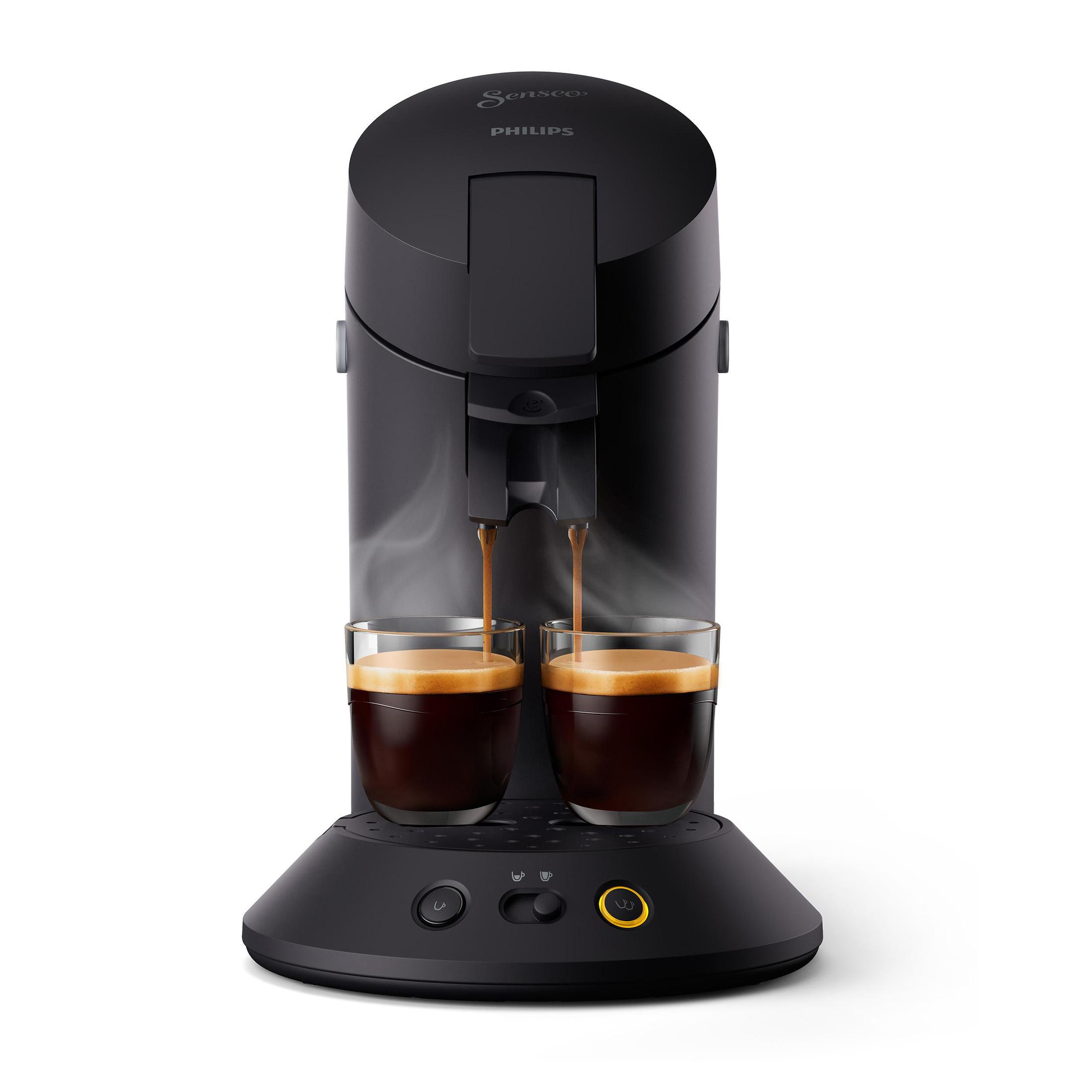 Czarny ekspres do kawy Philips Senseo zaparzający kawę do dwóch przezroczystych szklanek.