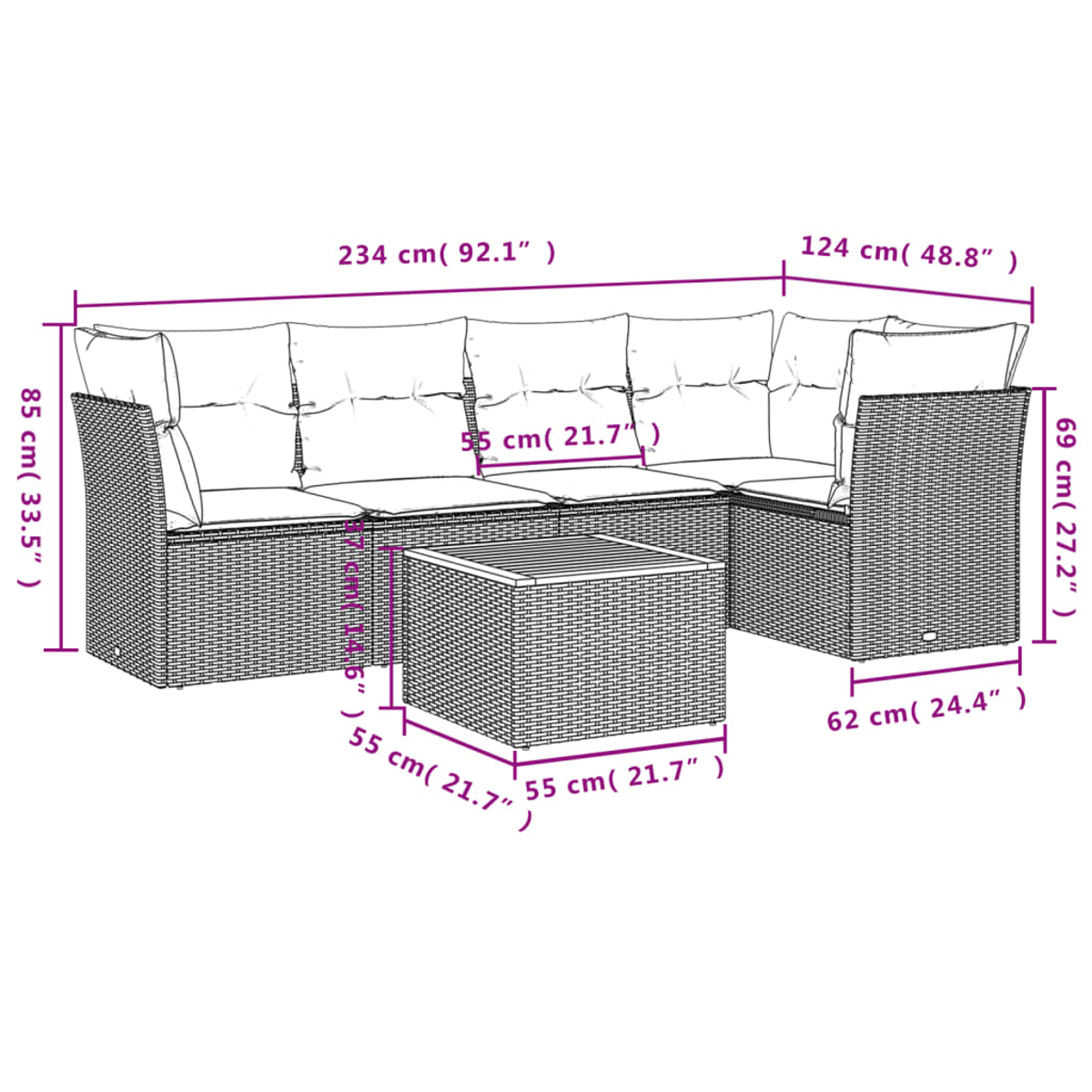Ein L-förmiges Outdoor-Sofa mit Abmessungen. Kissen und ein Couchtisch sind enthalten.