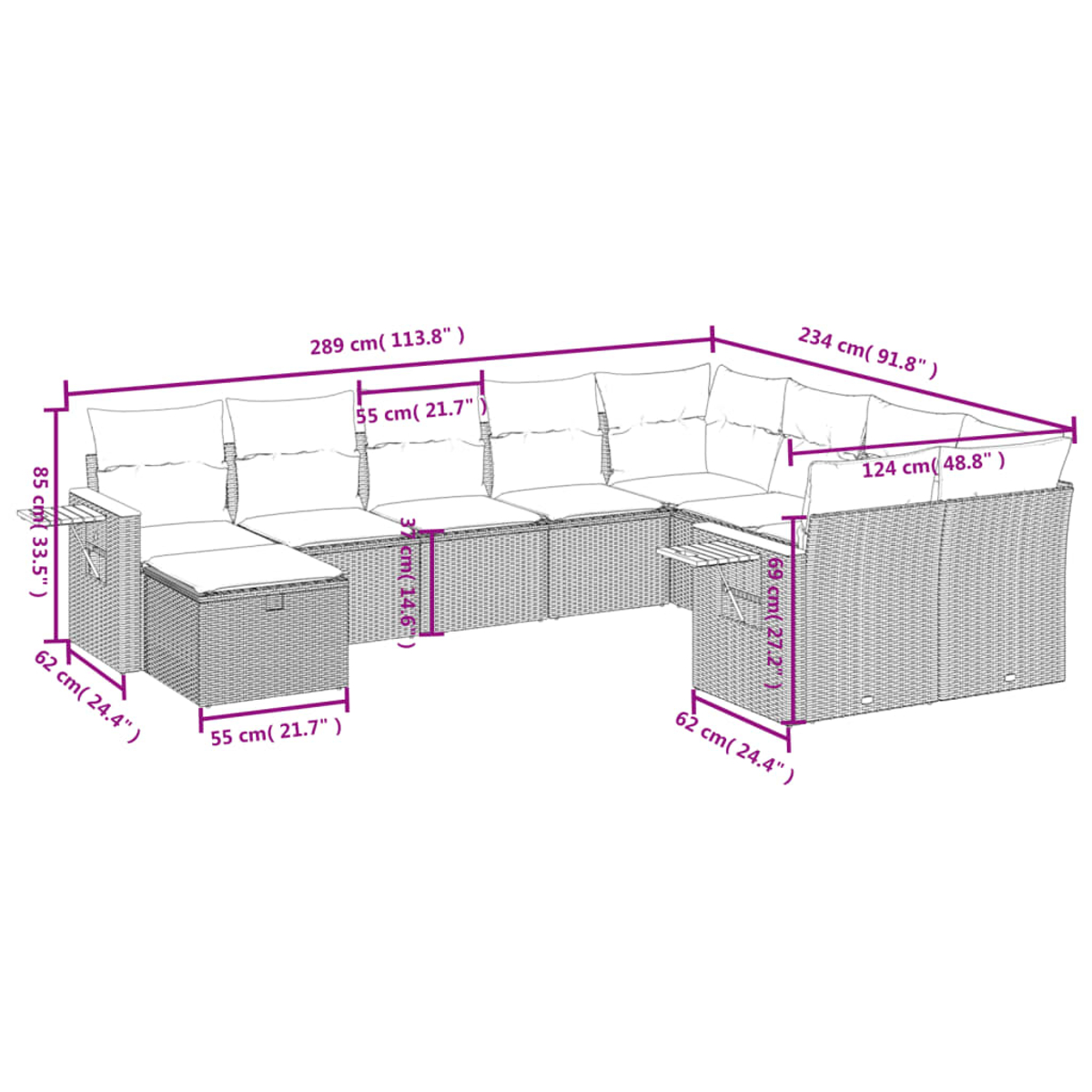 Weißes Outdoor-Ecksofa mit Abmessungen auf weißem Hintergrund.