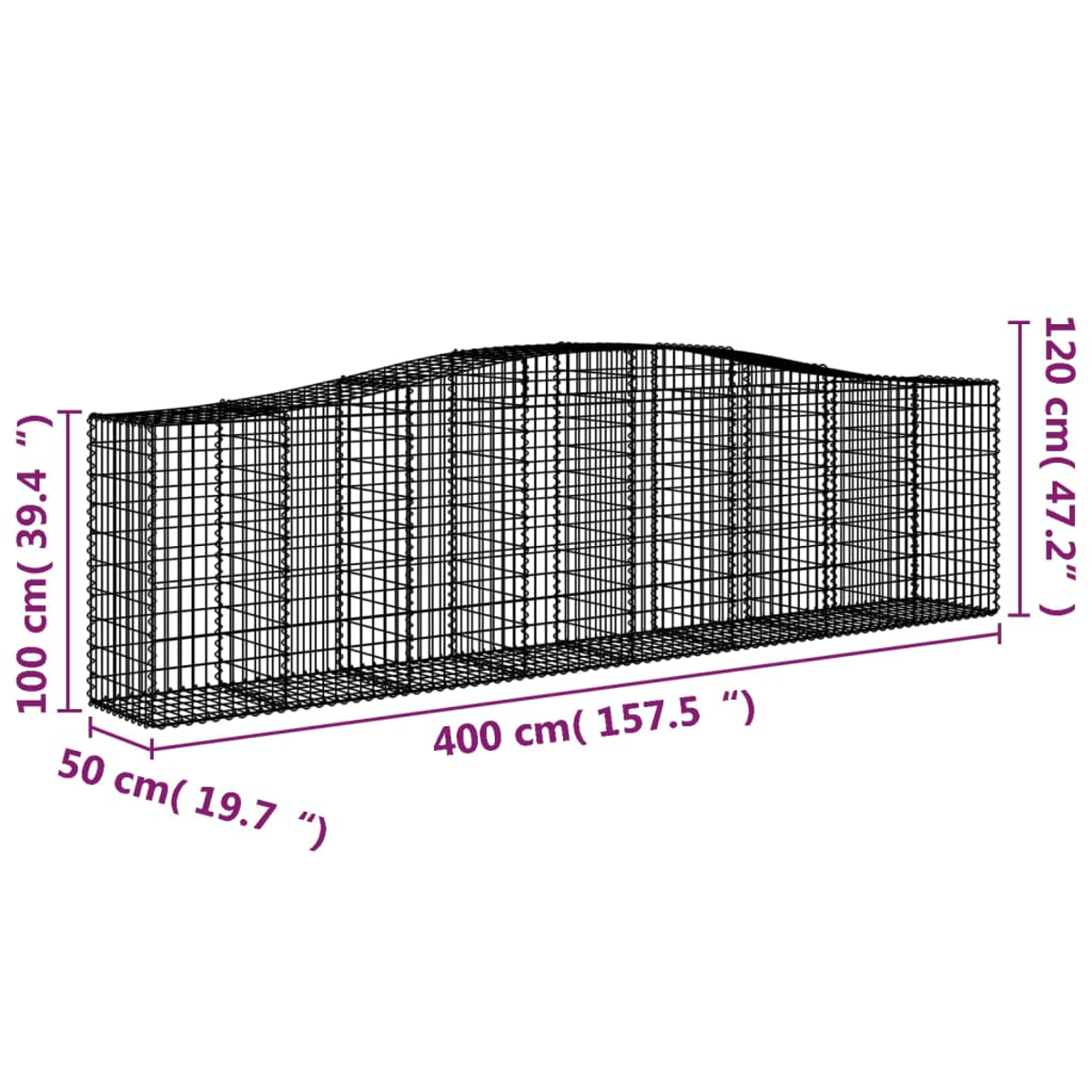 Schwarze Drahtgitterstruktur mit Abmessungen in cm und Zoll.