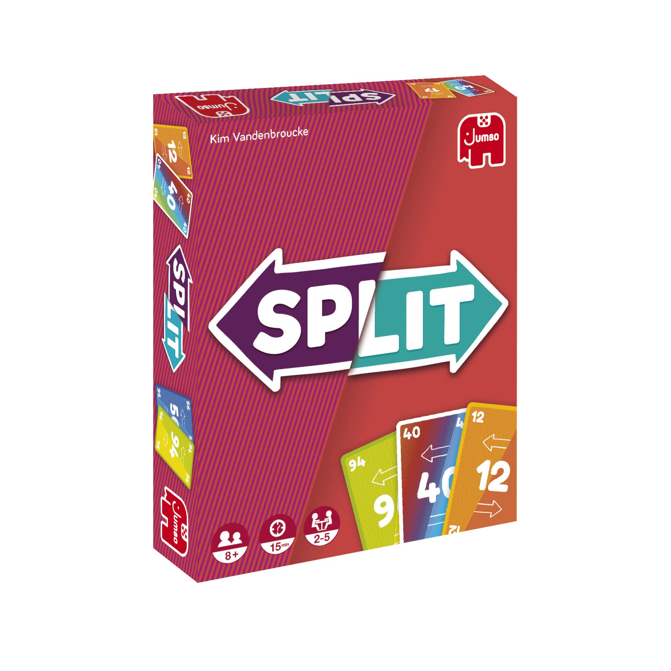 Eine Spielbox von 'Split'. Die Box ist rot mit einem weißen Pfeil und Spielkarten.