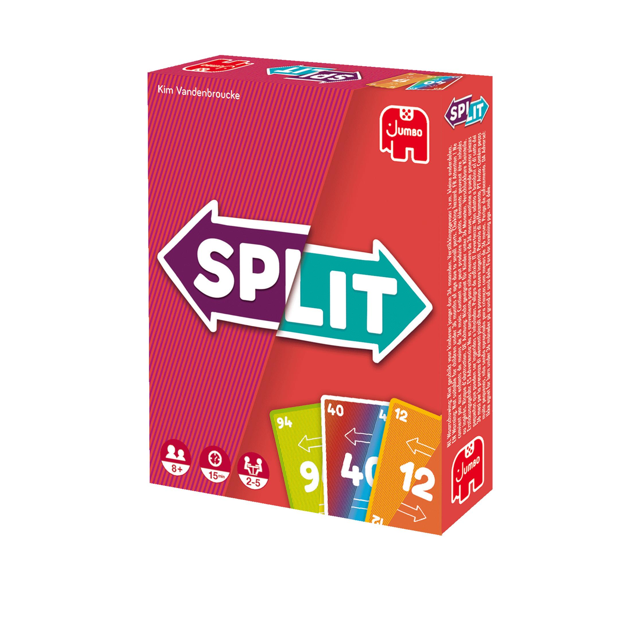 Schachtel des Kartenspiels Split mit Spielkarten. Die Box ist rot mit weißem und grünem Text.