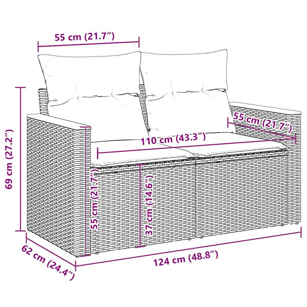 Ein Korbmöbel-Sofa mit zwei Kissen. Maße sind enthalten.