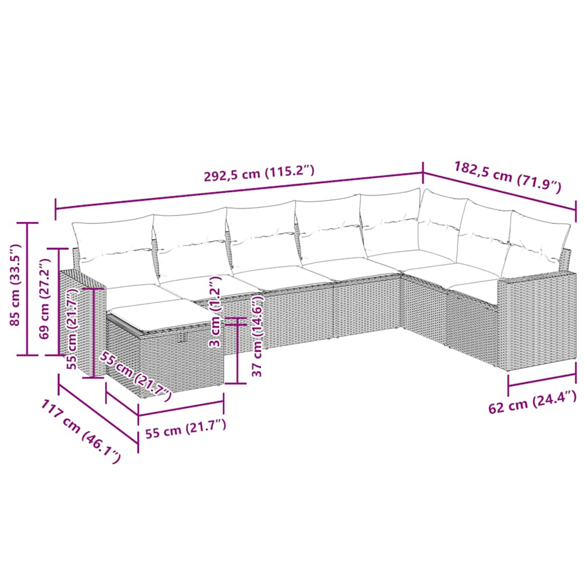Geflochtenes Outdoor-Sofaset mit Größenangaben. Enthält ein Ecksofa und einen Ottoman.