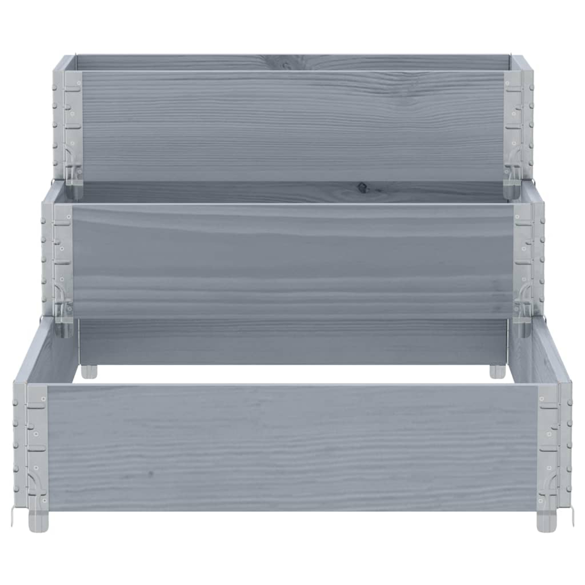 Fioriera grigia a tre livelli in legno. Ha una forma rettangolare e supporti angolari in metallo. La venatura del legno è visibile.