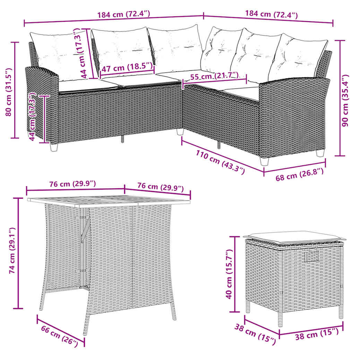 Ein Korbmöbel-Set für den Außenbereich mit angezeigten Abmessungen. Es umfasst ein Ecksofa, einen Tisch und einen Einzelsitz.