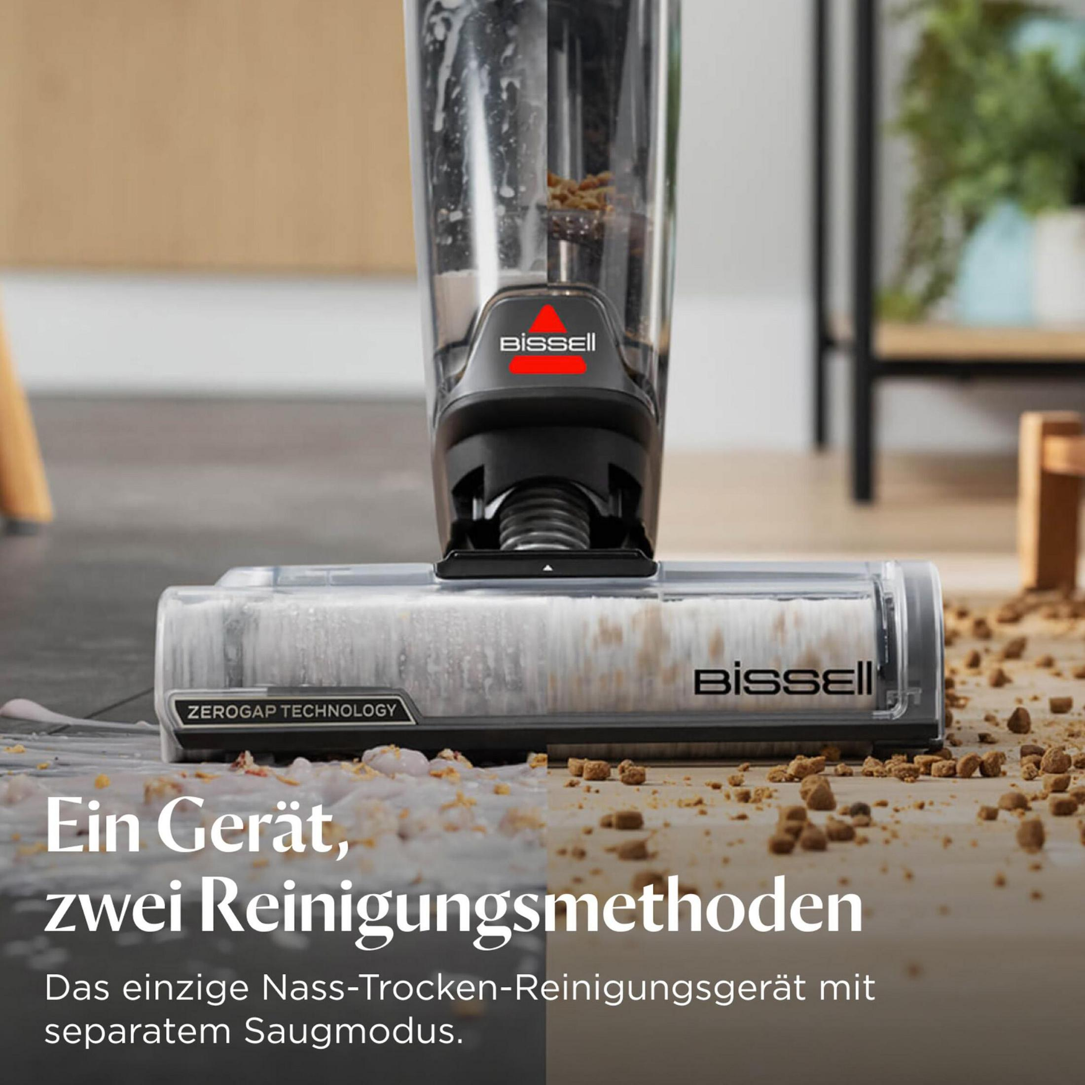 Ein Bissell Crosswave Staubsauger mit dem Text 'Ein Gerät, zwei Reinigungsmethoden' und 'Zerogap Technology'.