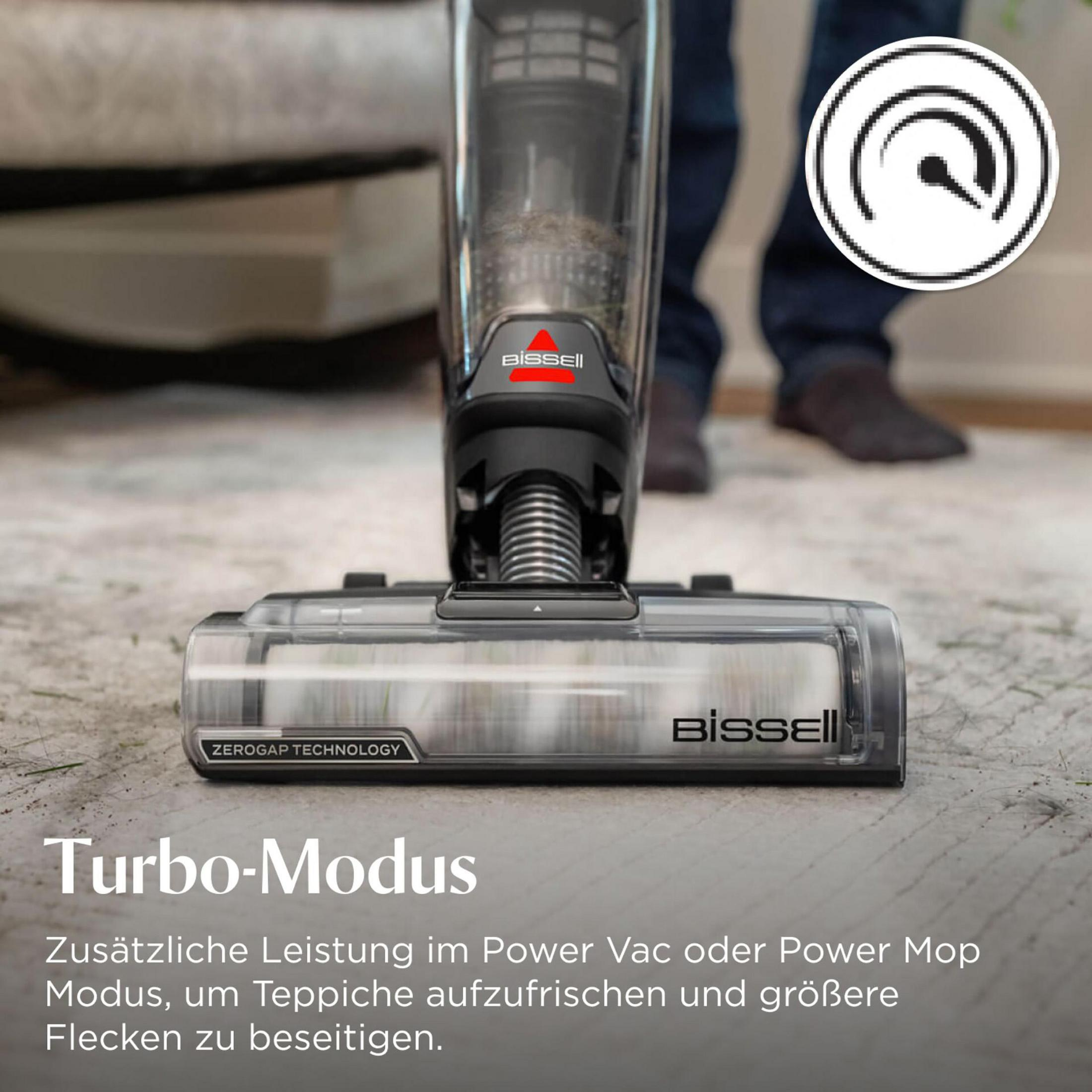 Staubsauger mit Text 'Turbo-Modus'. Ein Kreissymbol ist ebenfalls abgebildet.