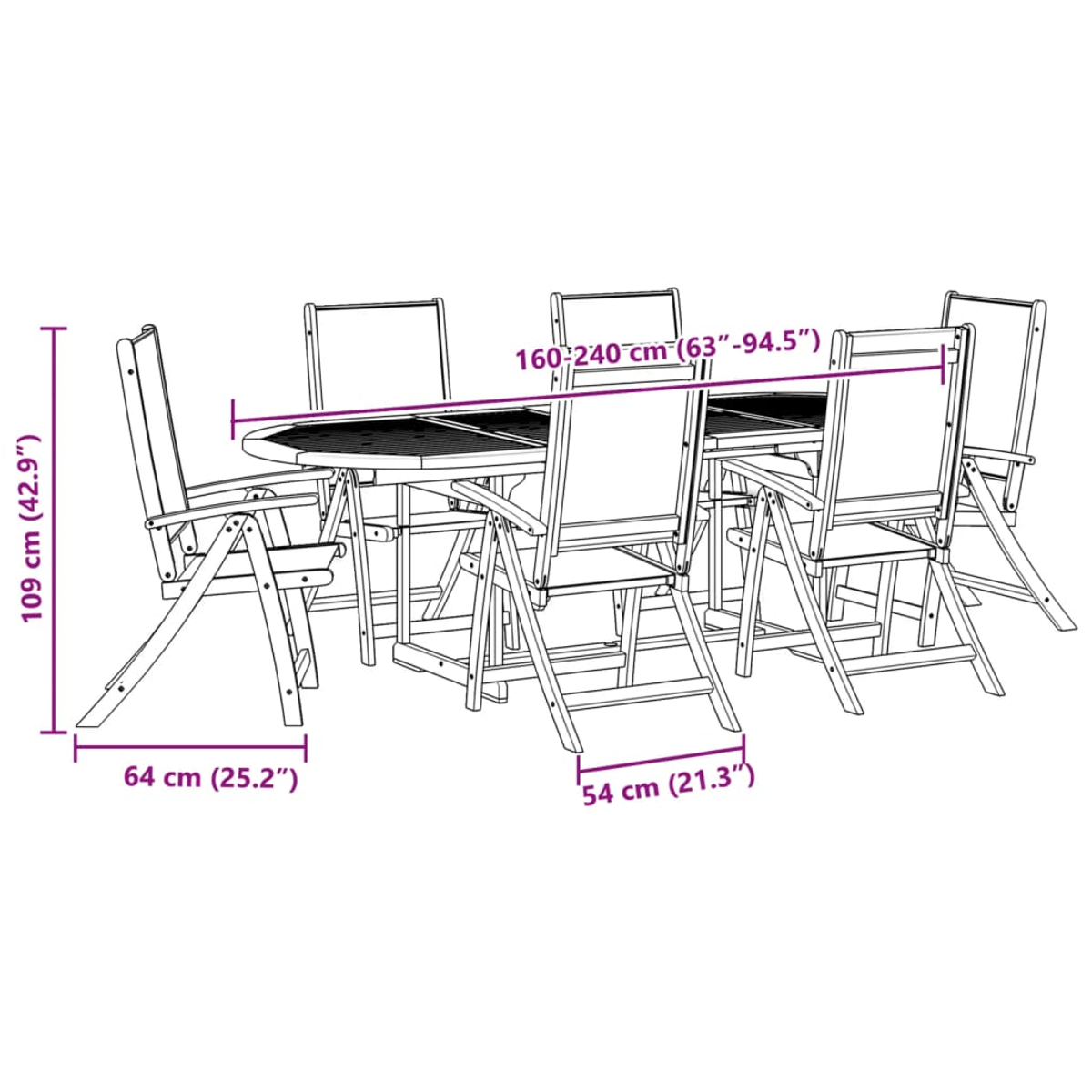 Diagramm eines Ess-Sets im Freien mit Abmessungen. Zeigt einen Tisch und Stühle.