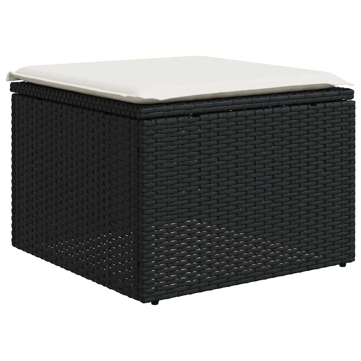 Schwarze Rattan-Aufbewahrungs-Ottomane mit weißem Kissen oben.