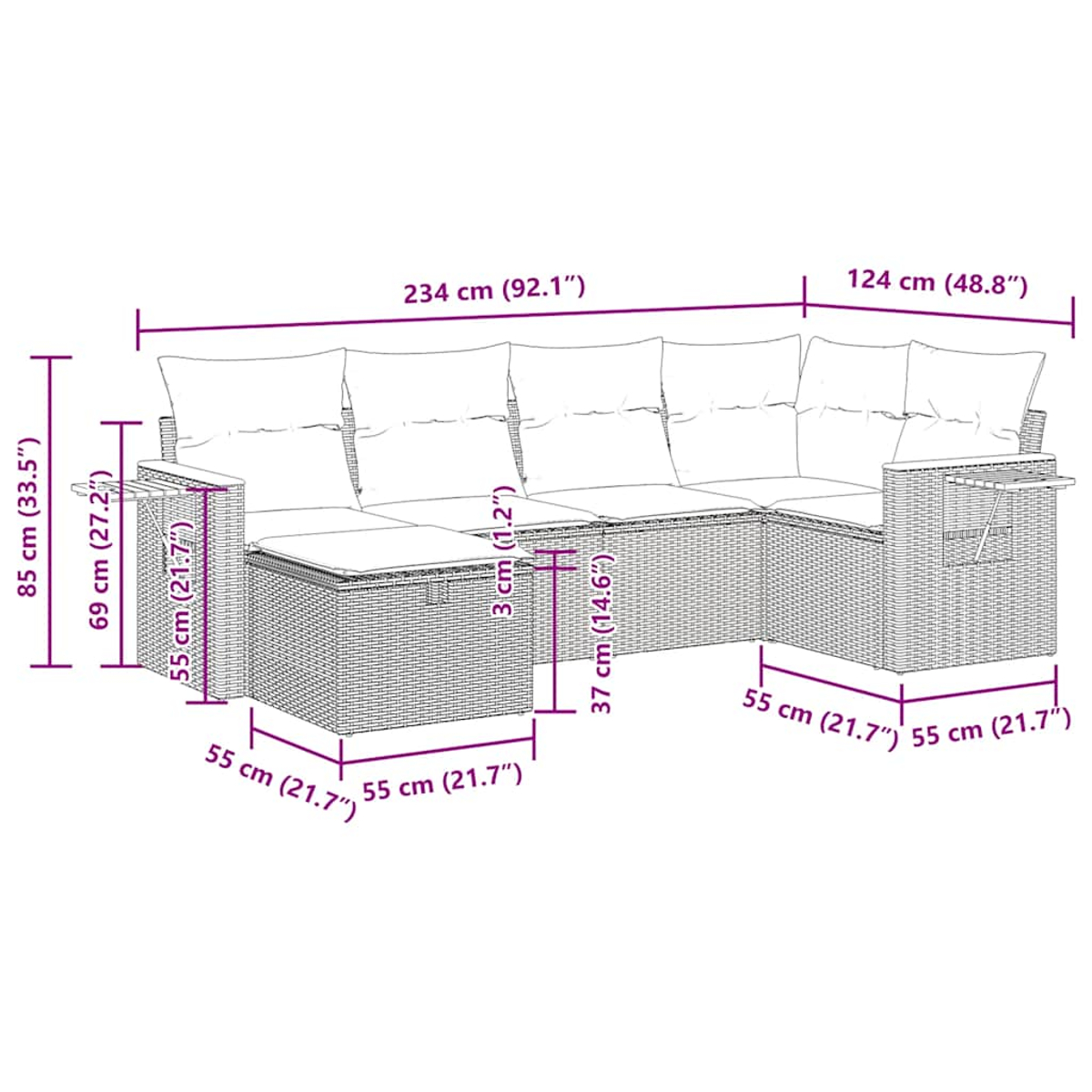 Ein Ecksofa mit Maßangaben. Es ist hellbraun gewebt.