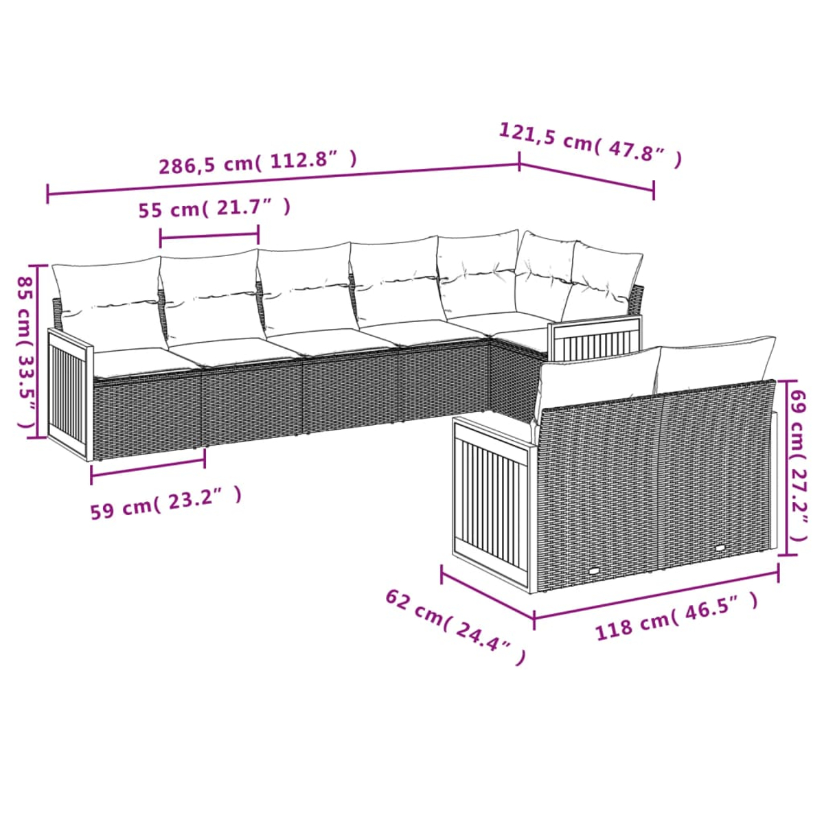 Diagramm eines Outdoor-Ecksofas mit Abmessungen in cm und Zoll.