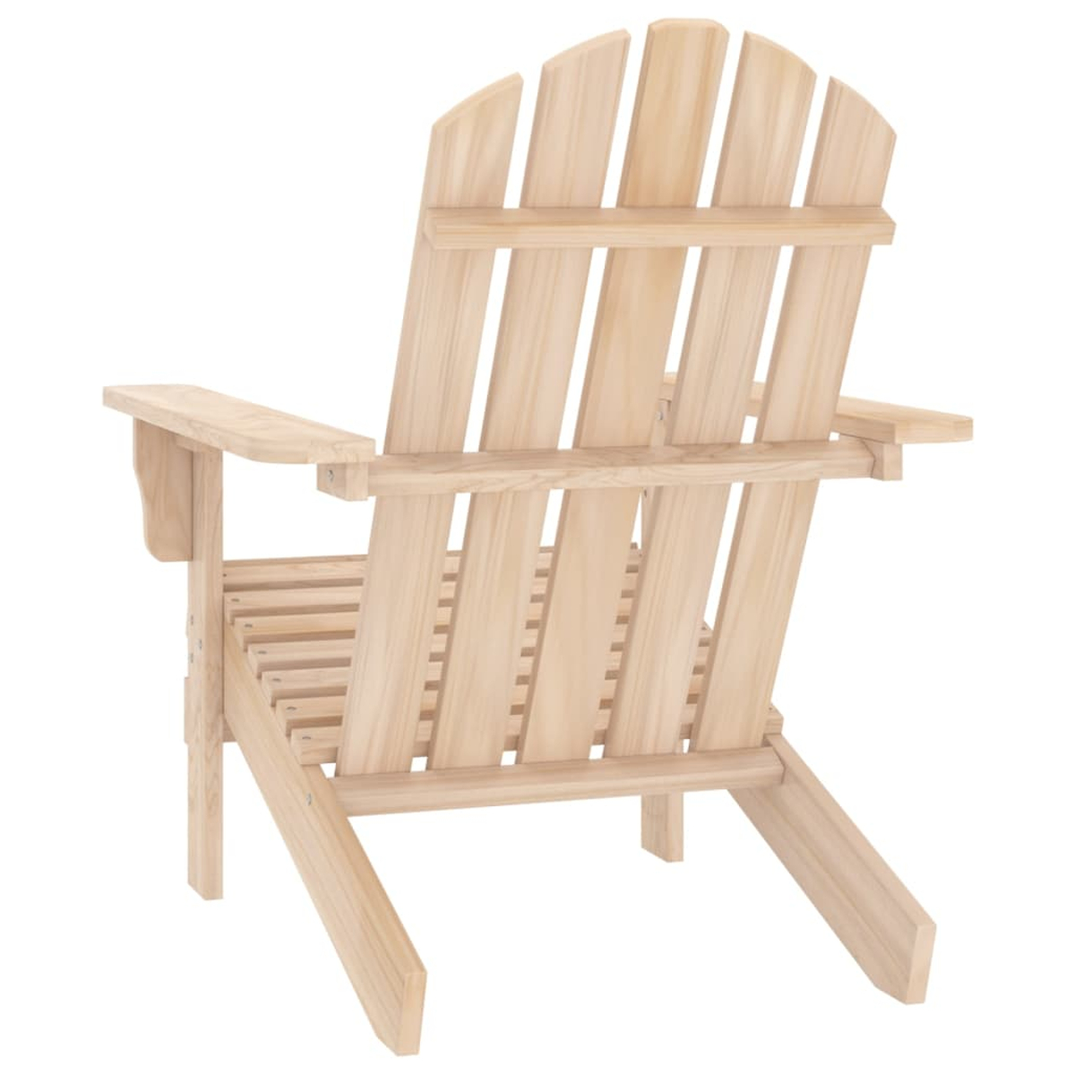 Holz Adirondack Stuhl von hinten. Lamellenlehne, Armlehnen und Beine sind sichtbar.