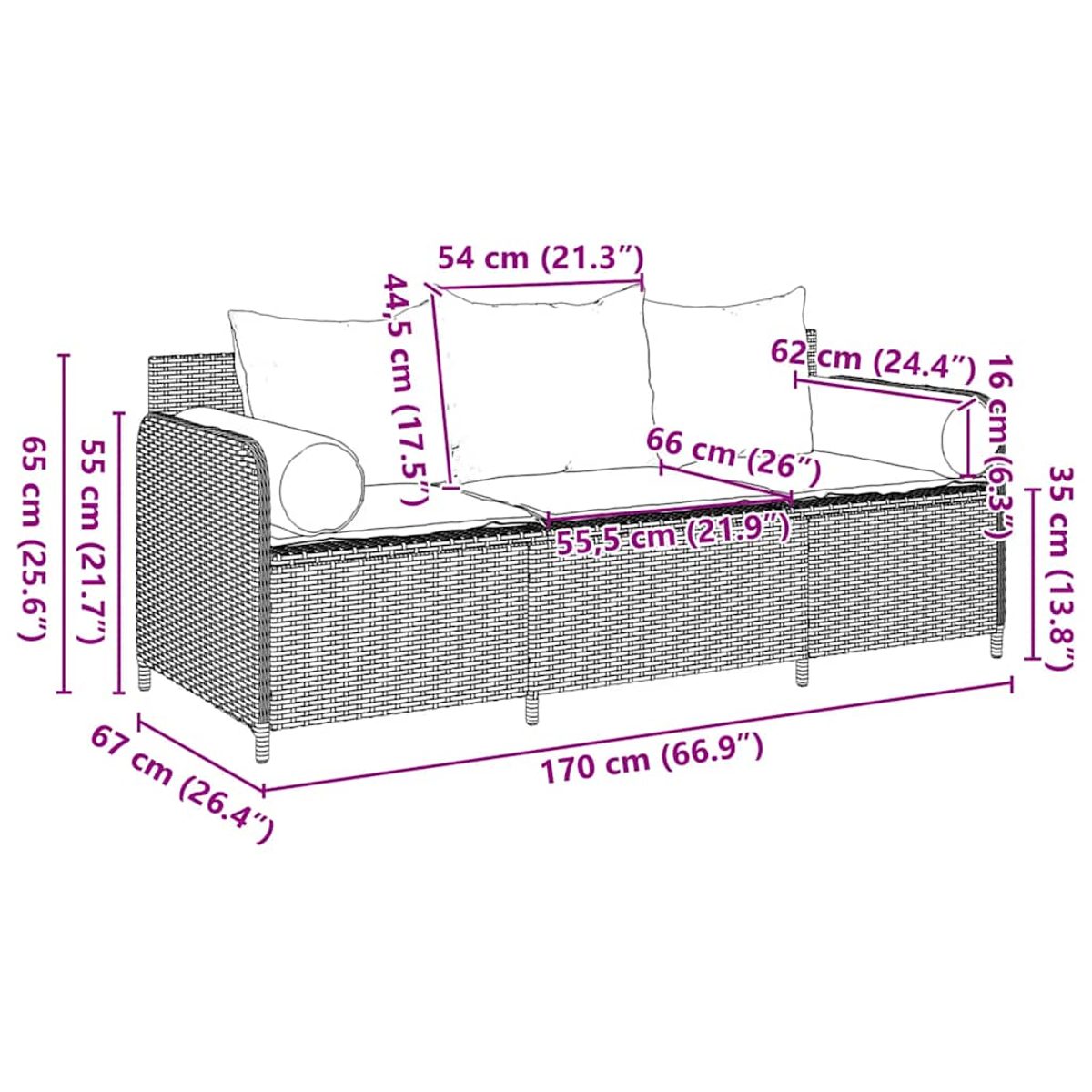 Diagramma con dimensioni di un divano in rattan con cuscini blu. Misurazioni in cm e pollici.